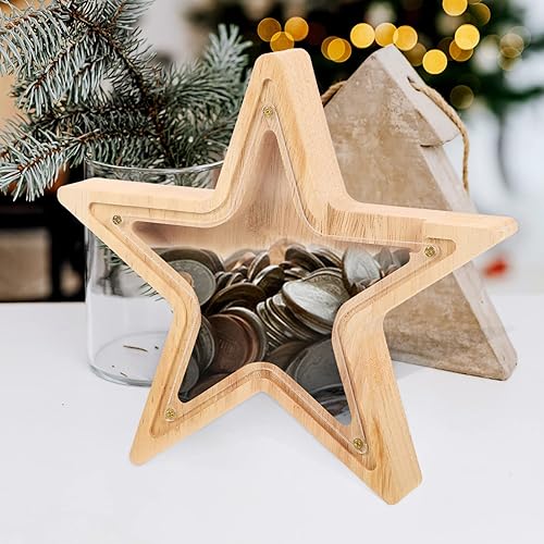 Miniatura 5 de Zerodeko Hucha de madera para el hogar, alcancía para adolescentes, con forma de estrella, alcancía transparente para niños y niñas, bebé, primera