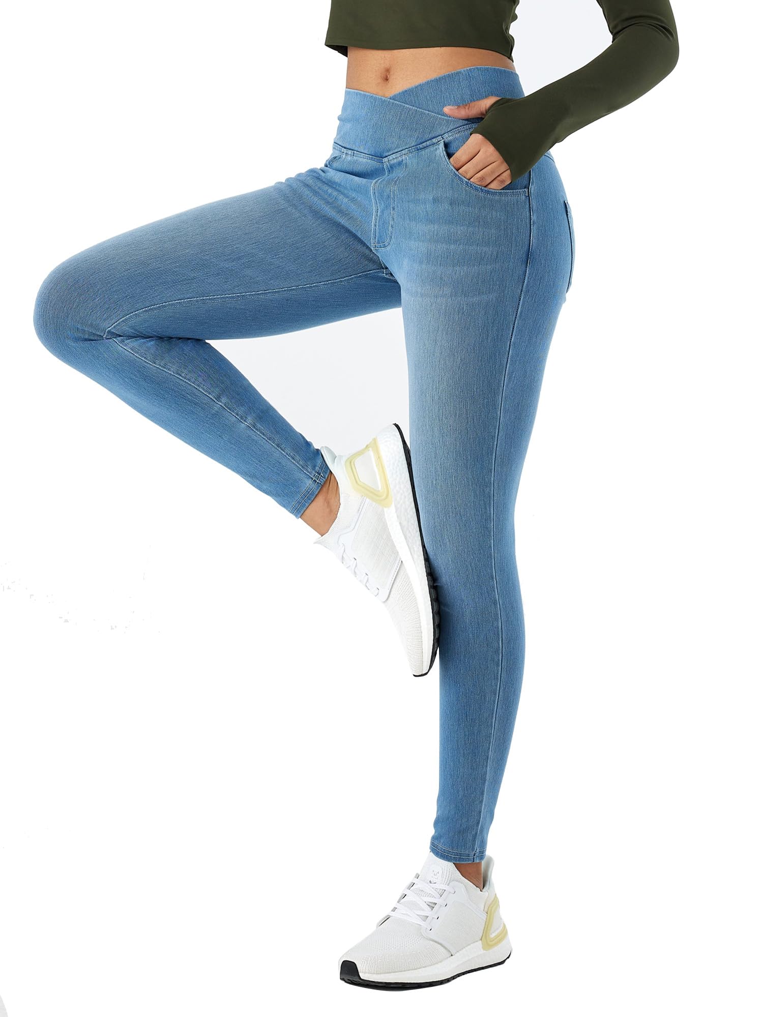 LaiEr Donna V Crossover Skinny Jeans Vita Alta Controllo Pancia Leggings Fitness Casual, Elasticità Morbida Stampa Denim Finto Casual con Tasche Laterali.