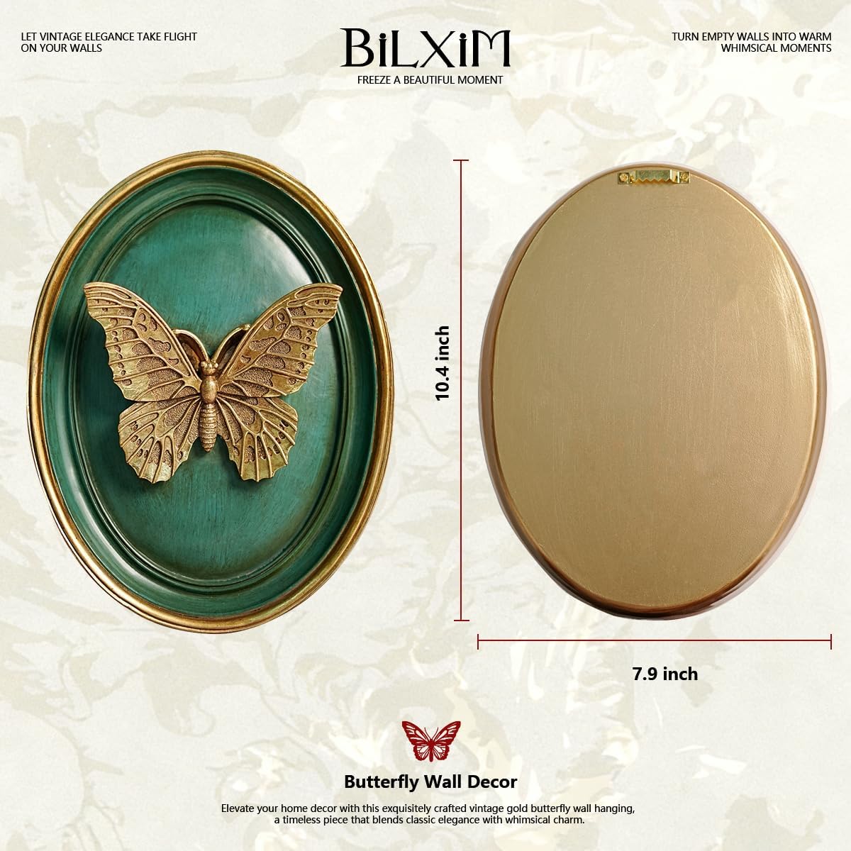 BILXIM Vintage Wall Sculpture, Ornate Green and Gold Butterfly Relief Oval Wall Art, French Country Resin Decorative Plaque for Living Room Bedroom Gallery Wall Decor image 4