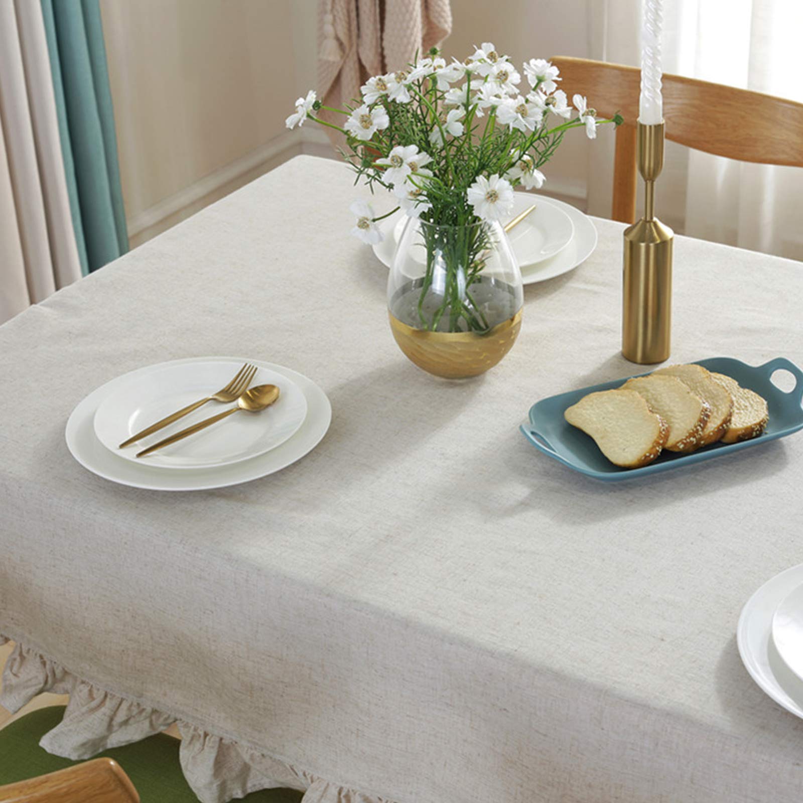 rismart Volante Fruncido Lino Manteles Cubrir Mantel por Escritorio Mesa Adorno Beige,140 x 260 cm