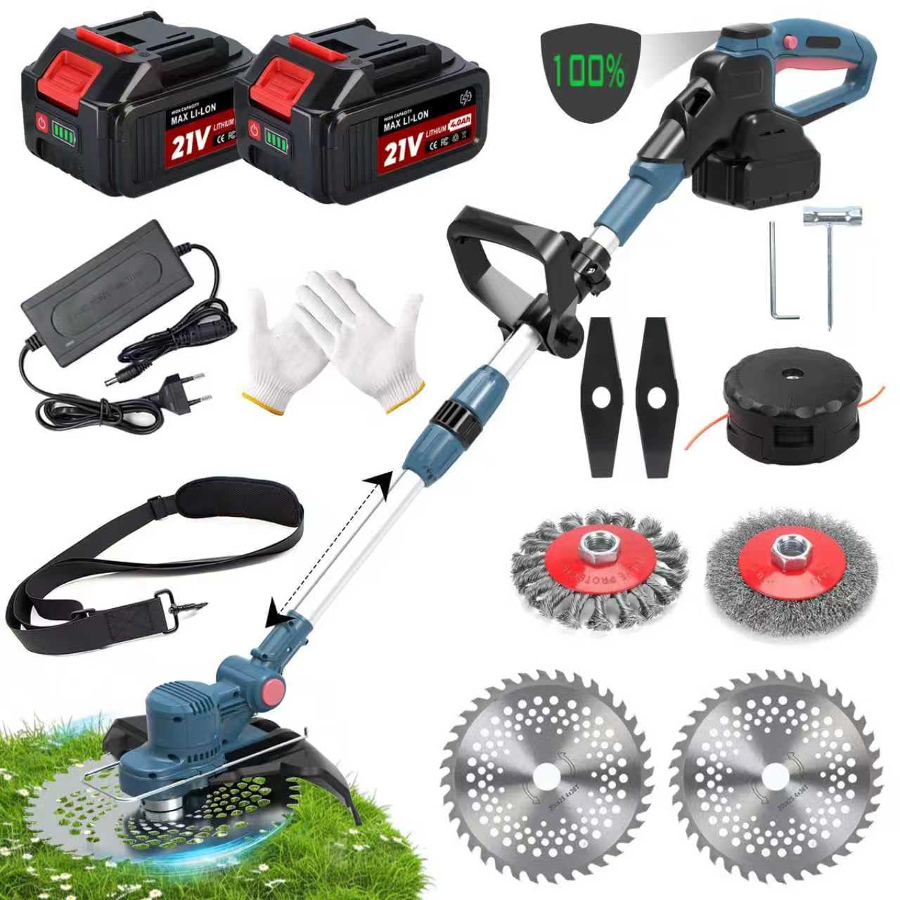 Rasentrimmer mit Akku,Akku Rasentrimmer für Makita-Akkus mit 5 Klingentypen,21v,2X 4.0ah 5 In 1 Rasentrimmer,Freischneider mit Unkrautbürste,750w Bürstenloser Motor für Rasen,Garten und Hof-Dark Blau