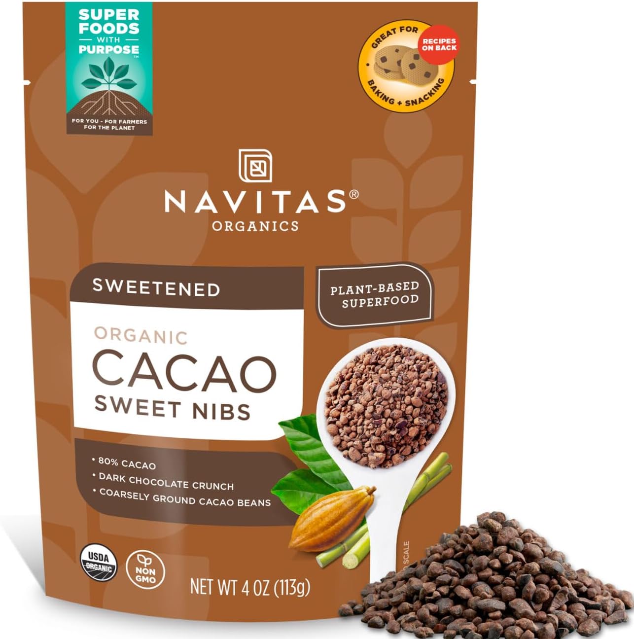 Navitas Naturals Organic Raw Cacao Nibs Sweetened, 4-Ounce Pouches