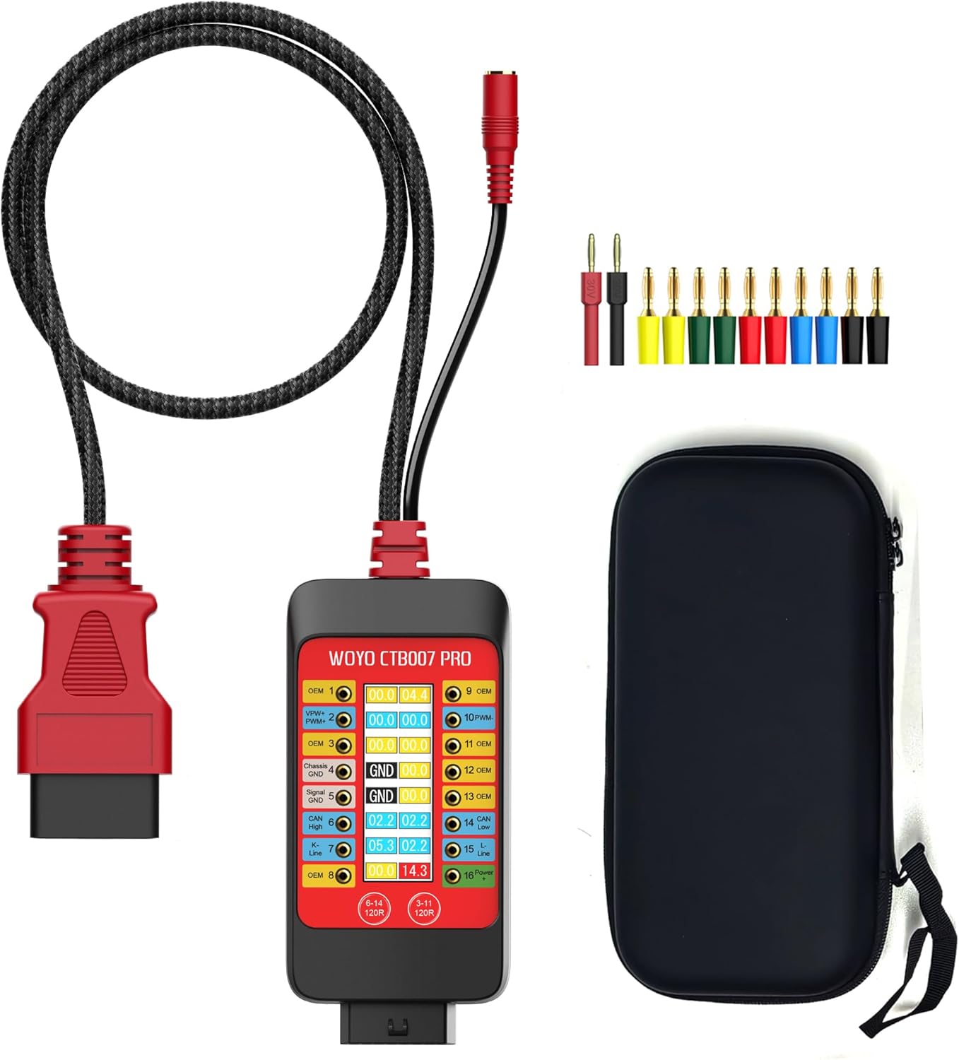 WOYO CTB007 PRO 12V/24V OBD2 Breakout Box with LCD Display 16PIN Vrms, CAN Tester Box with Built-in 120Ω for ECU Testing Tool on Bench, 27inch Extension Cable