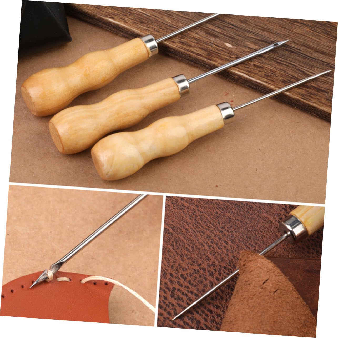 3Pcs Craft Awls Wooden Handle Stitching Tools for Precision Sewing Punching DIY Projects Compact Lightweight for Easy Carrying