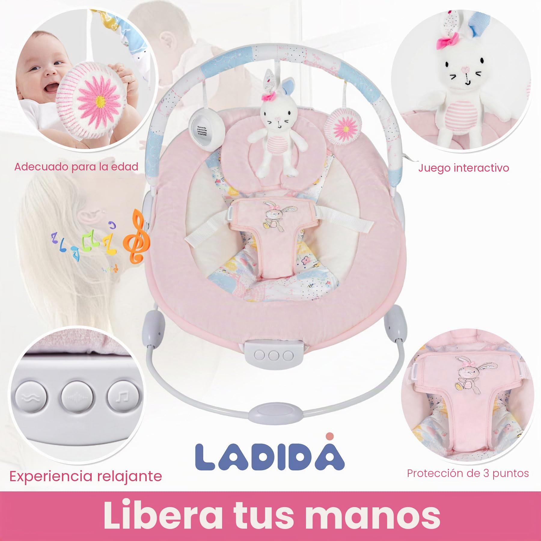 LADIDA Hamaca suave y acolchada para bebé con música relajante y vibración, bonito tema de conejo rosa, adecuado para recién nacidos