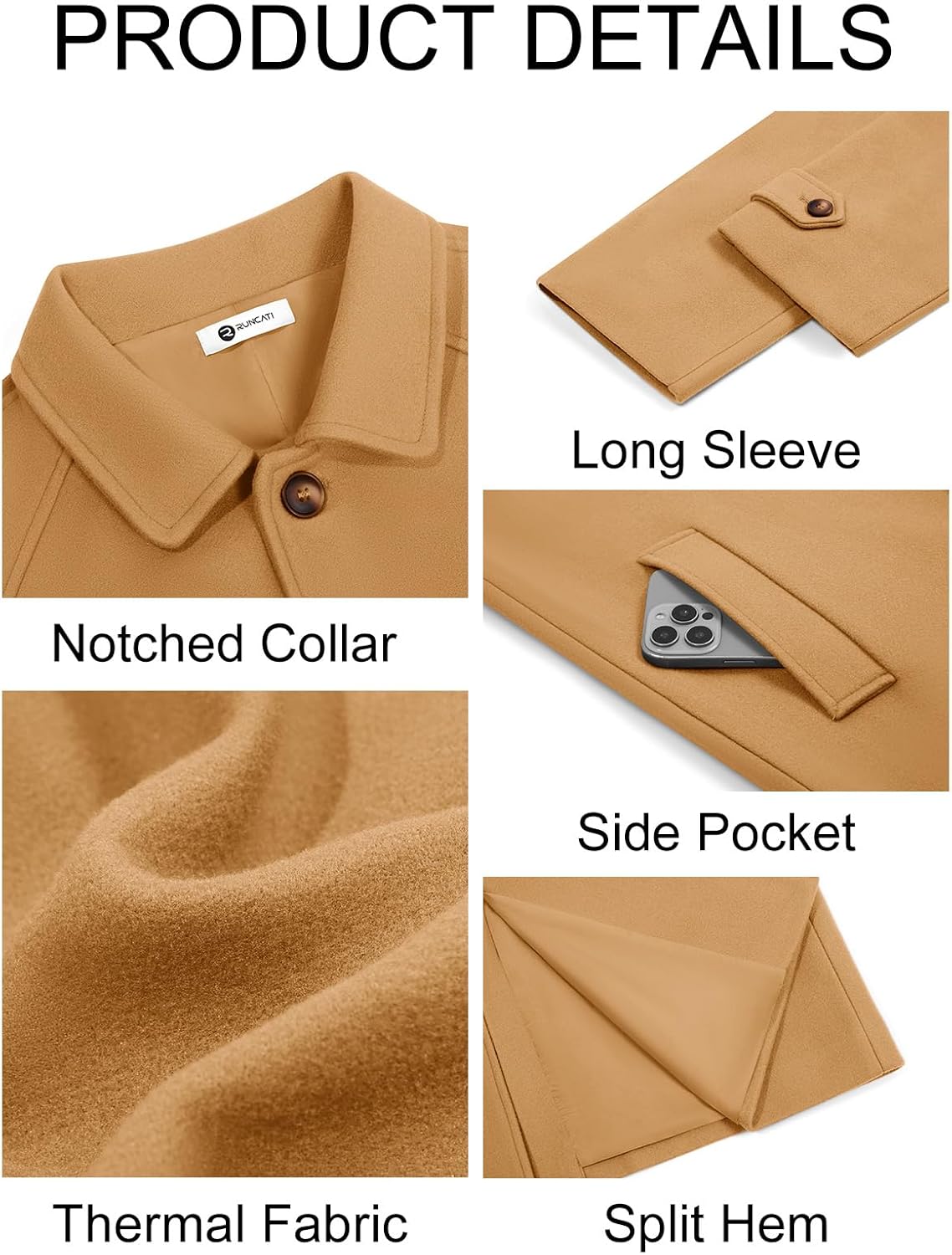 Runcati Mens Trench Coat Notched Collar Single Breasted Mid Long Peacoat Slim Fit Winter Warm Chunky Overcoat - Image 5