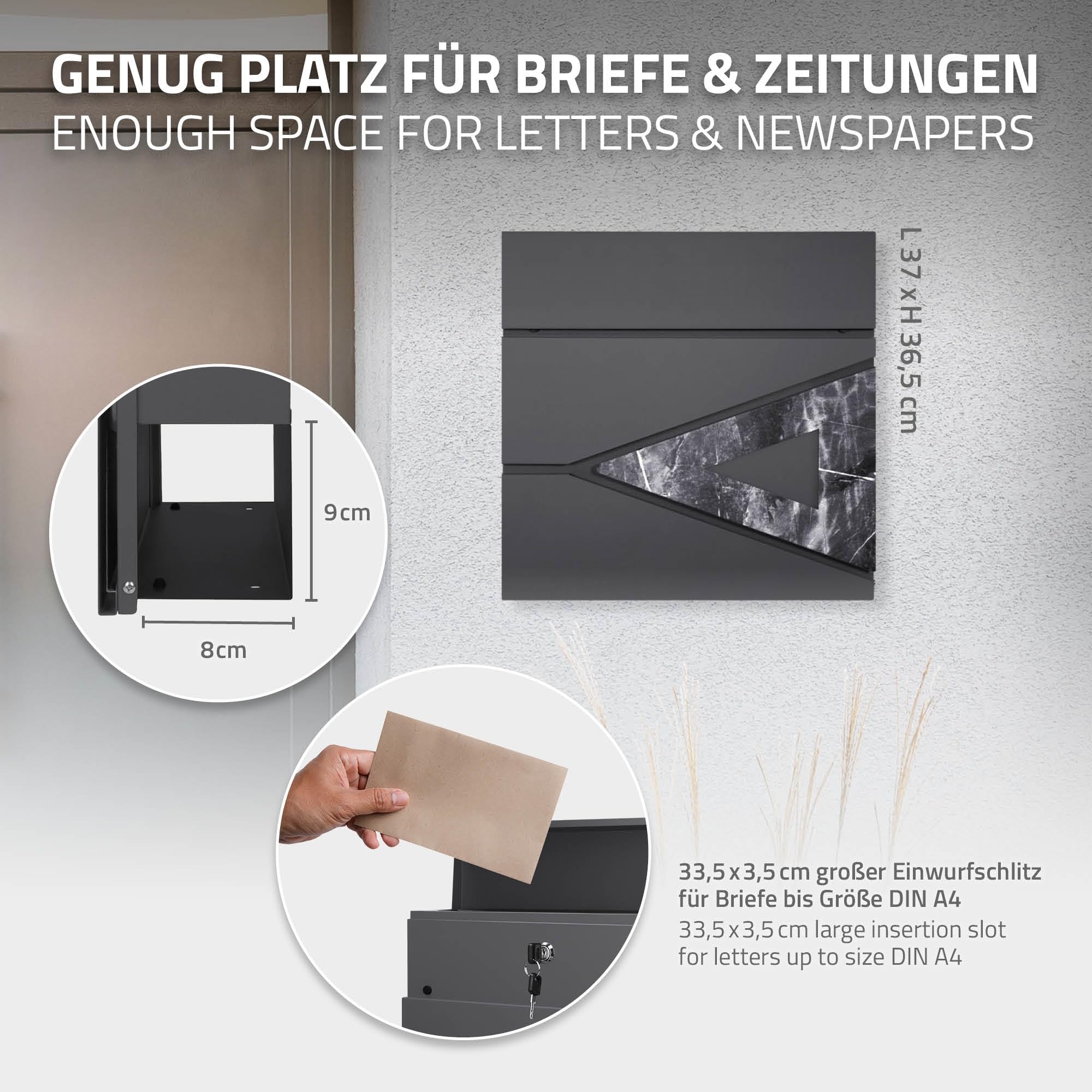 ECD-Germany Boîte aux Lettres sur Pieds, 37x36,5x11 cm, Anthracite/Marbre Noir, Acier, Boîte Postale avec Compartiment à Journaux/Courrier, Support Boîte aux Lettres 120 cm, Verrouillable avec 2 Clés