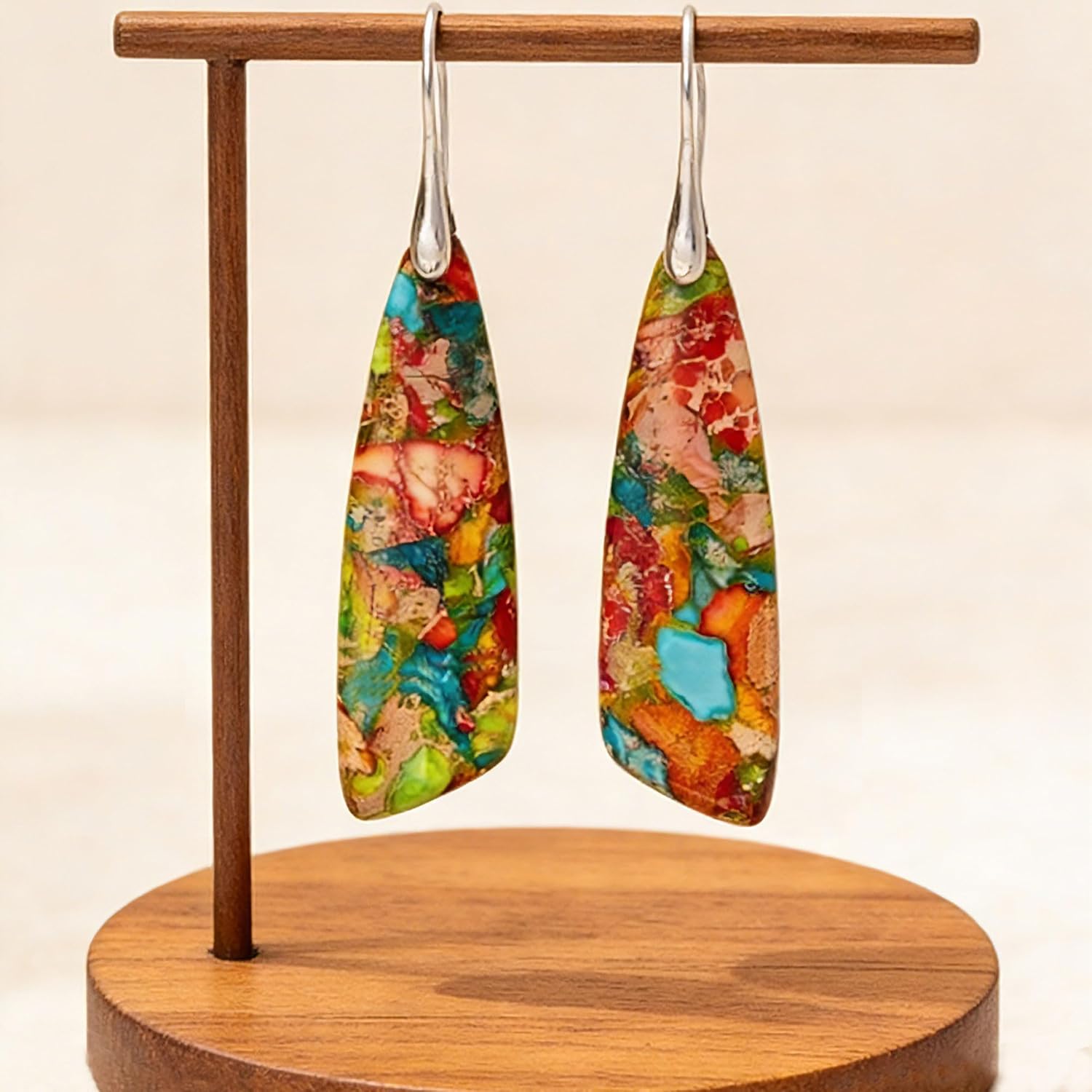 925 Sterling Silver Natural Imperial Jasper Dangle Drop Earrings, Multicolor, Boho Style