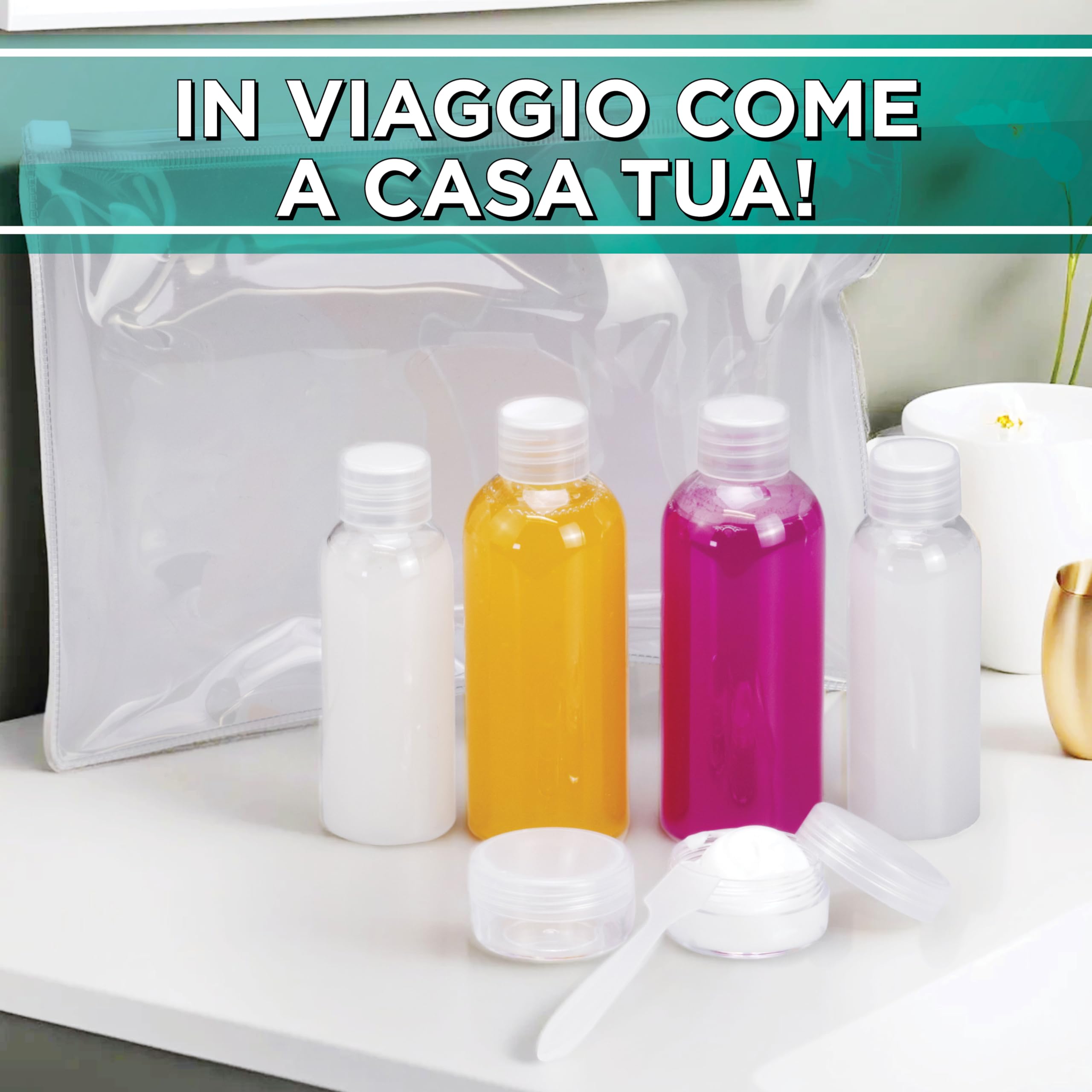 7 PZ Kit Viaggio Liquidi BENESSERE In Linea® - kit Liquidi Aereo - kit viaggio aereo - Travel kit 100 ml - Porta Liquidi da viaggio aereo - 2 flaconi 100 ml + 2 flaconi 50 ml + 2 Porta Crema / Lenti