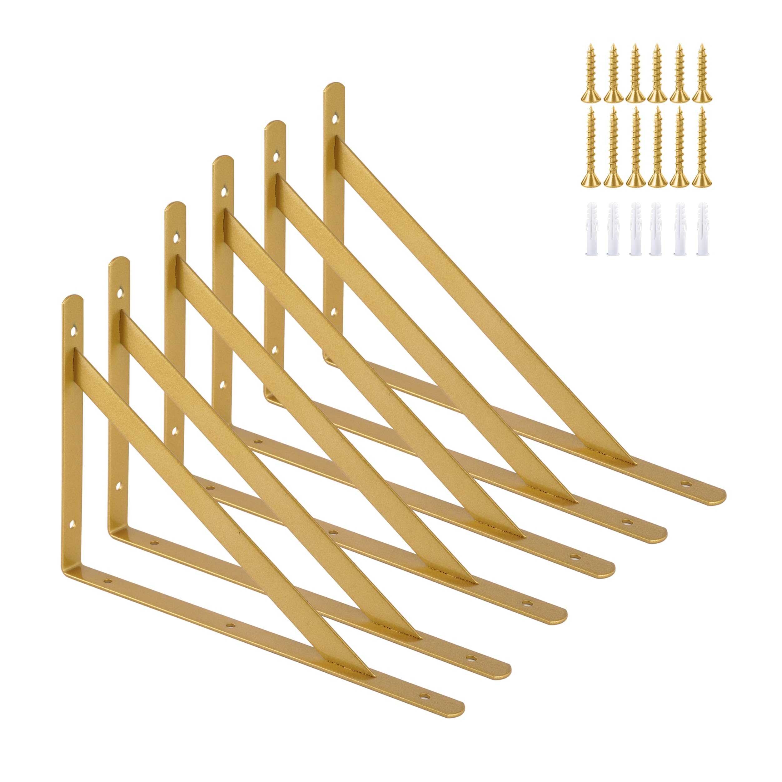 Staffa per mensola, resistente, confezione da 6 staffe triangolari (300 mm x 190 mm), montaggio a parete, ad angolo retto, con viti, oro