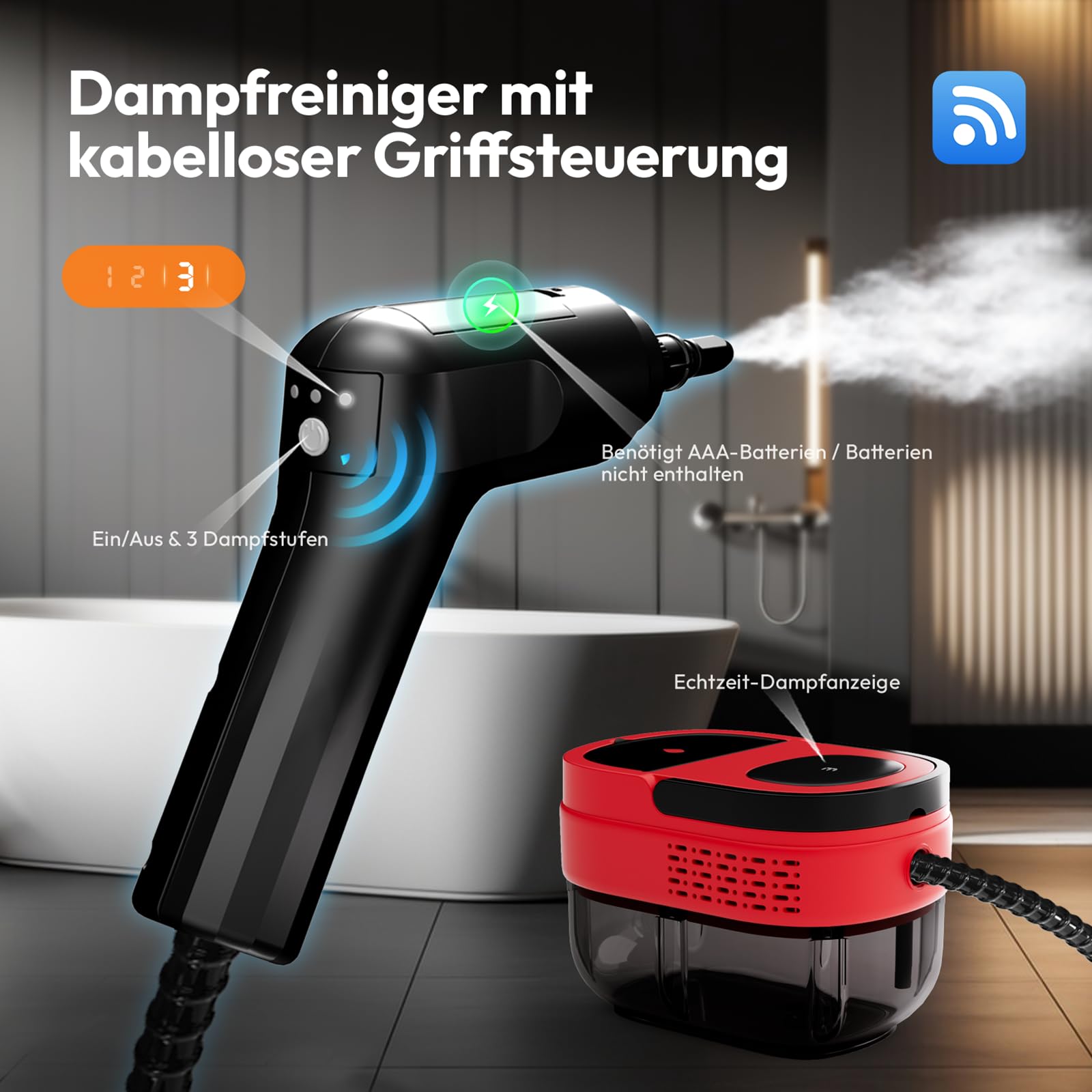 Dampfreiniger für Haushalt, 3-stufig verstellbarer Griff, 1,6L Wassertank | 15s Aufheizzeit, 3 BAR Hochdruckdampf, Steam Cleaner mit 15 Zubehörteilen, Dampfreiniger Handgerät für Küche, Boden, Bad