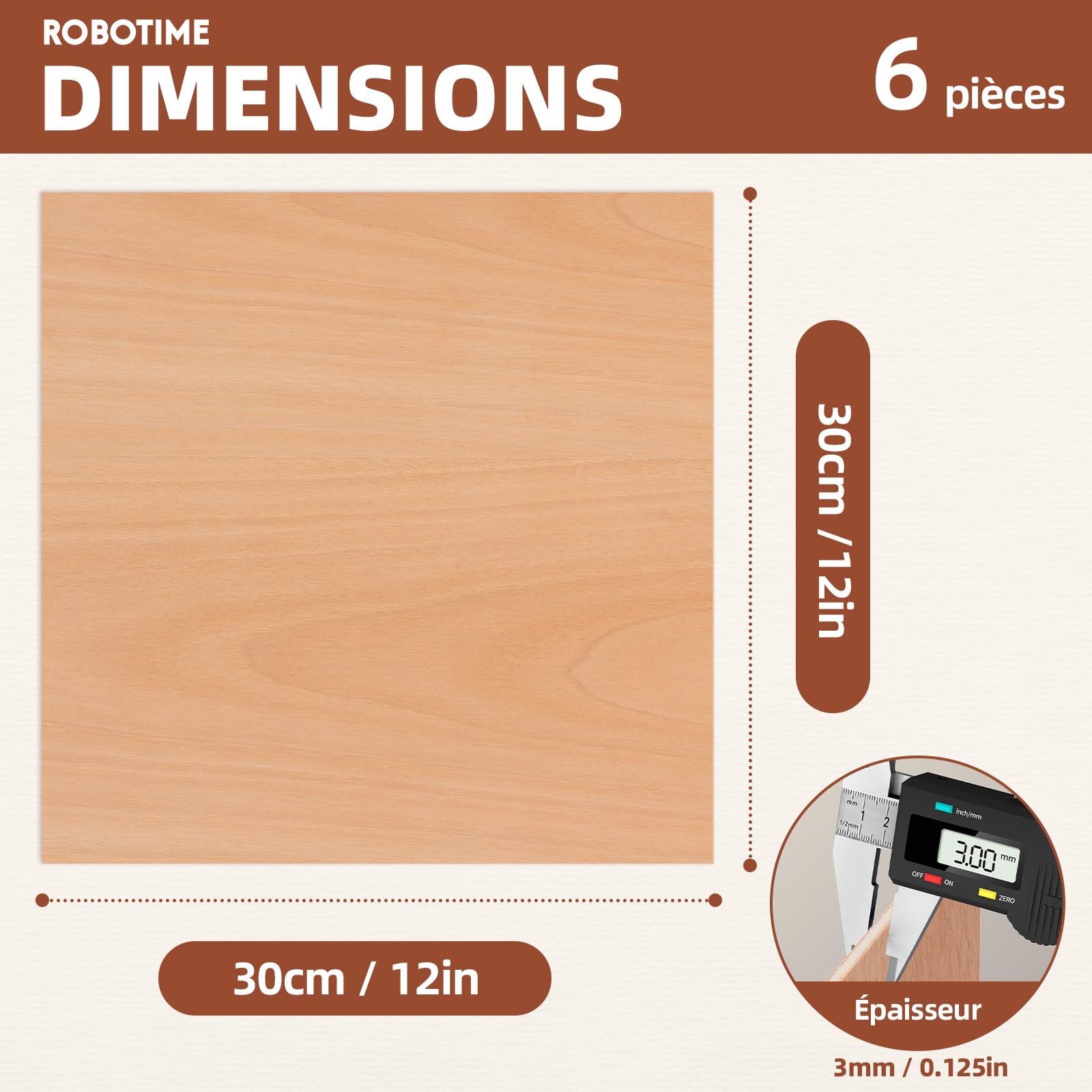 ROBOTIME Legno compensato di ciliegio, 3 mm, confezione da 6, 300 x 300 mm, tavola in legno grezzo di betulla, pannello foglio, taglio pirografia Gavure Laser legno