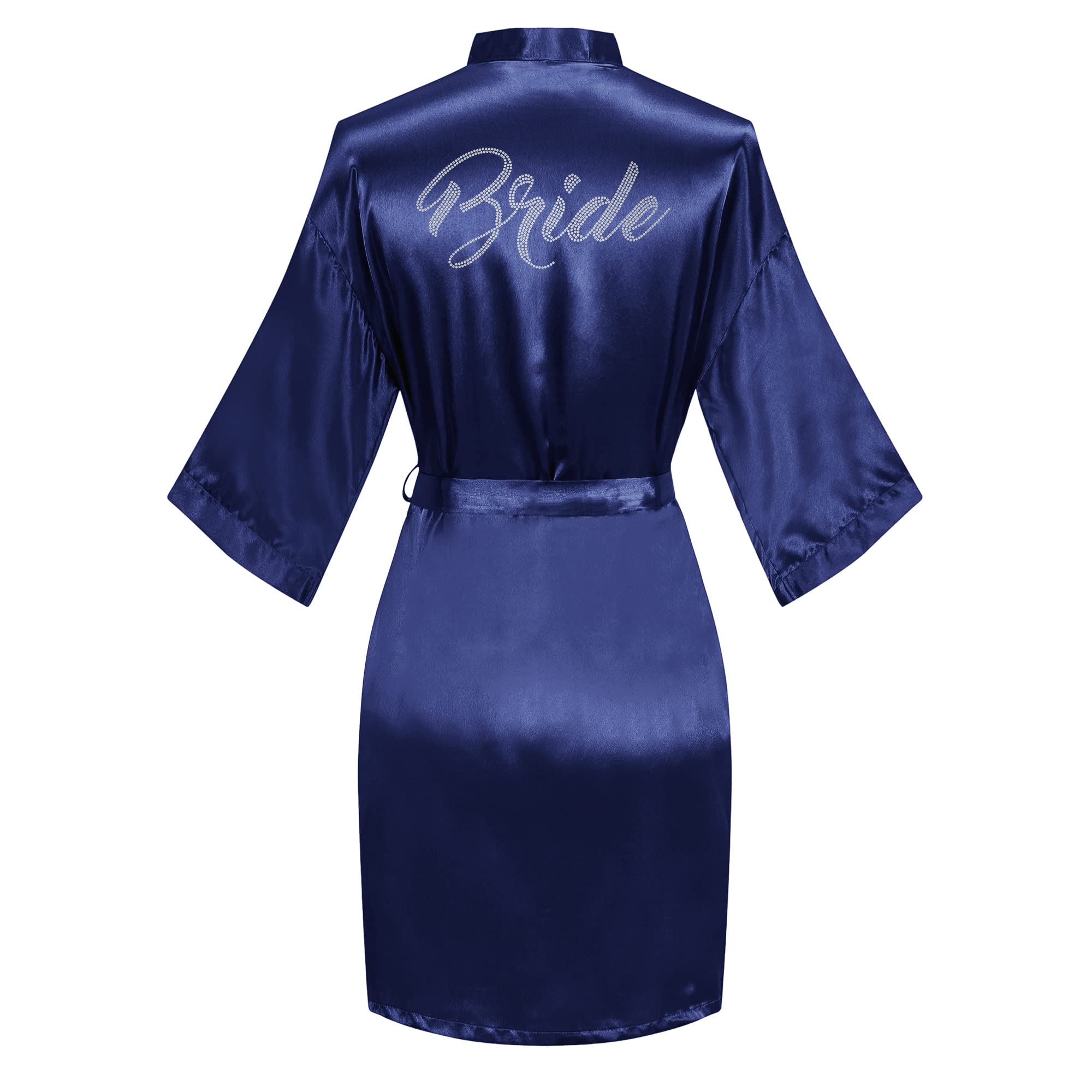 Women's Satin Robe Short Kimono for Bride &amp; Bridesmaid with Silver Rhinestones, Wedding Party Robes