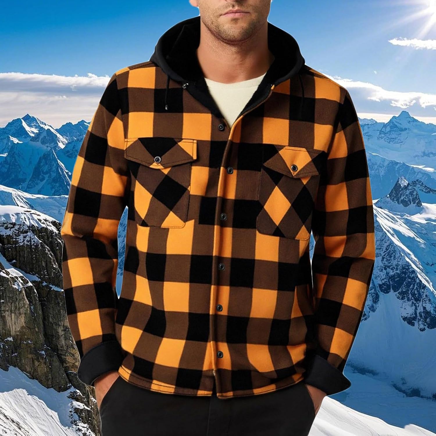 Men's Plaid Button Down Hooded Jacket, Fleece Lined Casual Coat