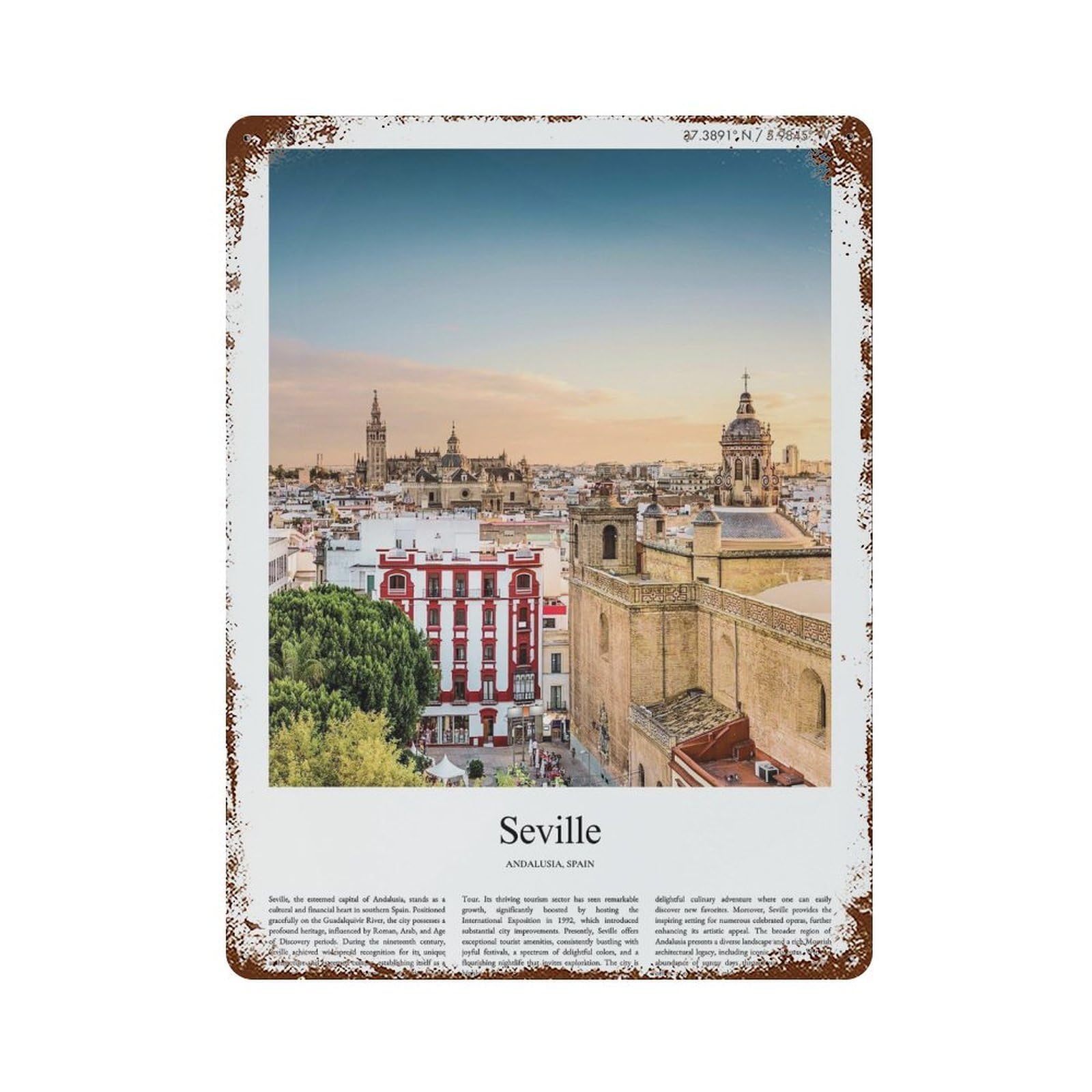xiaoxiaoshen Seville Andalusia, Spain City Scenery Wall Decor Art Metal Tin Poster Modern Home Decor Art Home Bar Shop Decorations Vintage Sign 40x30cm