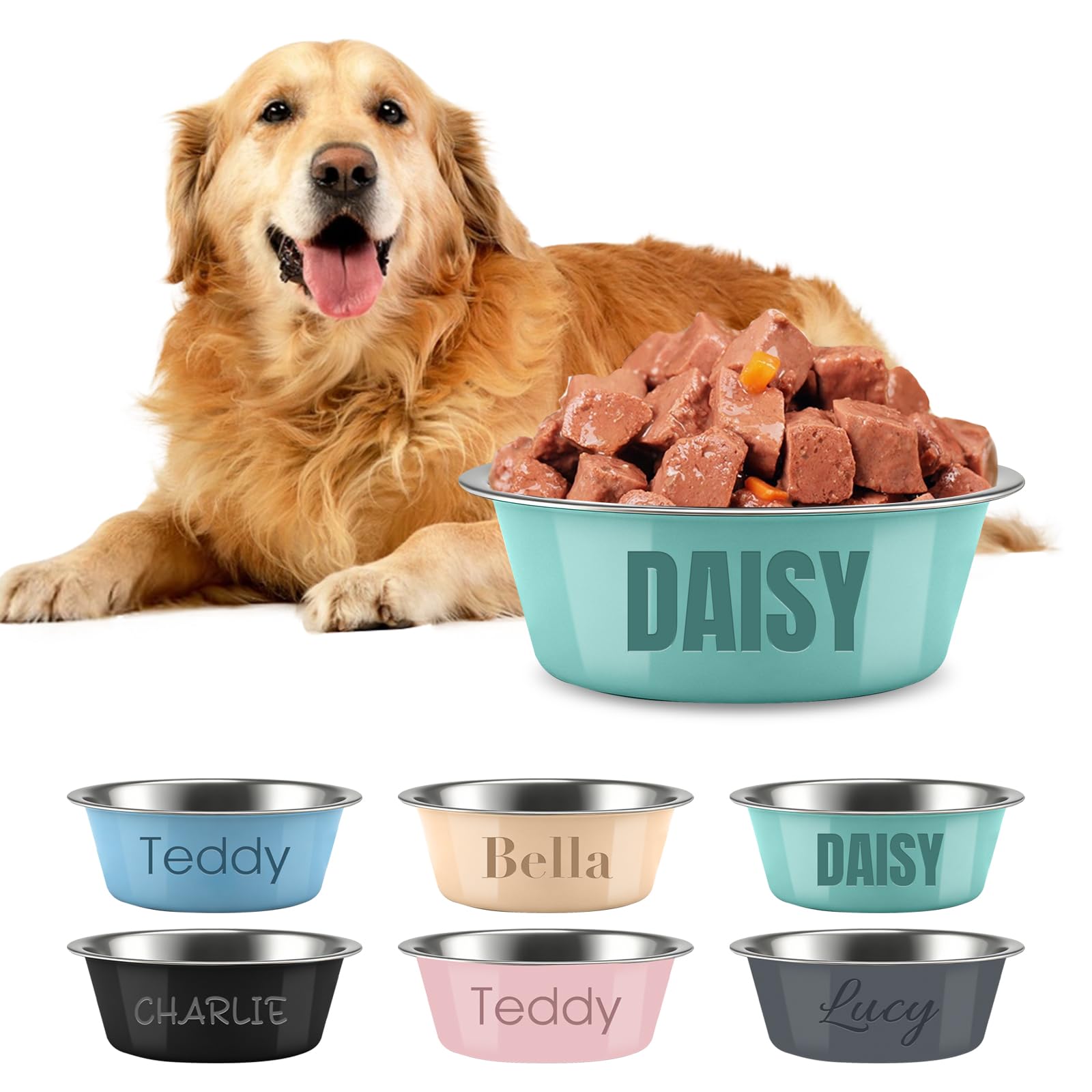 Personalised Stainless Steel Dog Bowls, Customizable Pet Names, Anti-Slip Mats, Printed Pet Bowls, Pet Supplies, Water Dispensers and Food Bowls (Cyan)