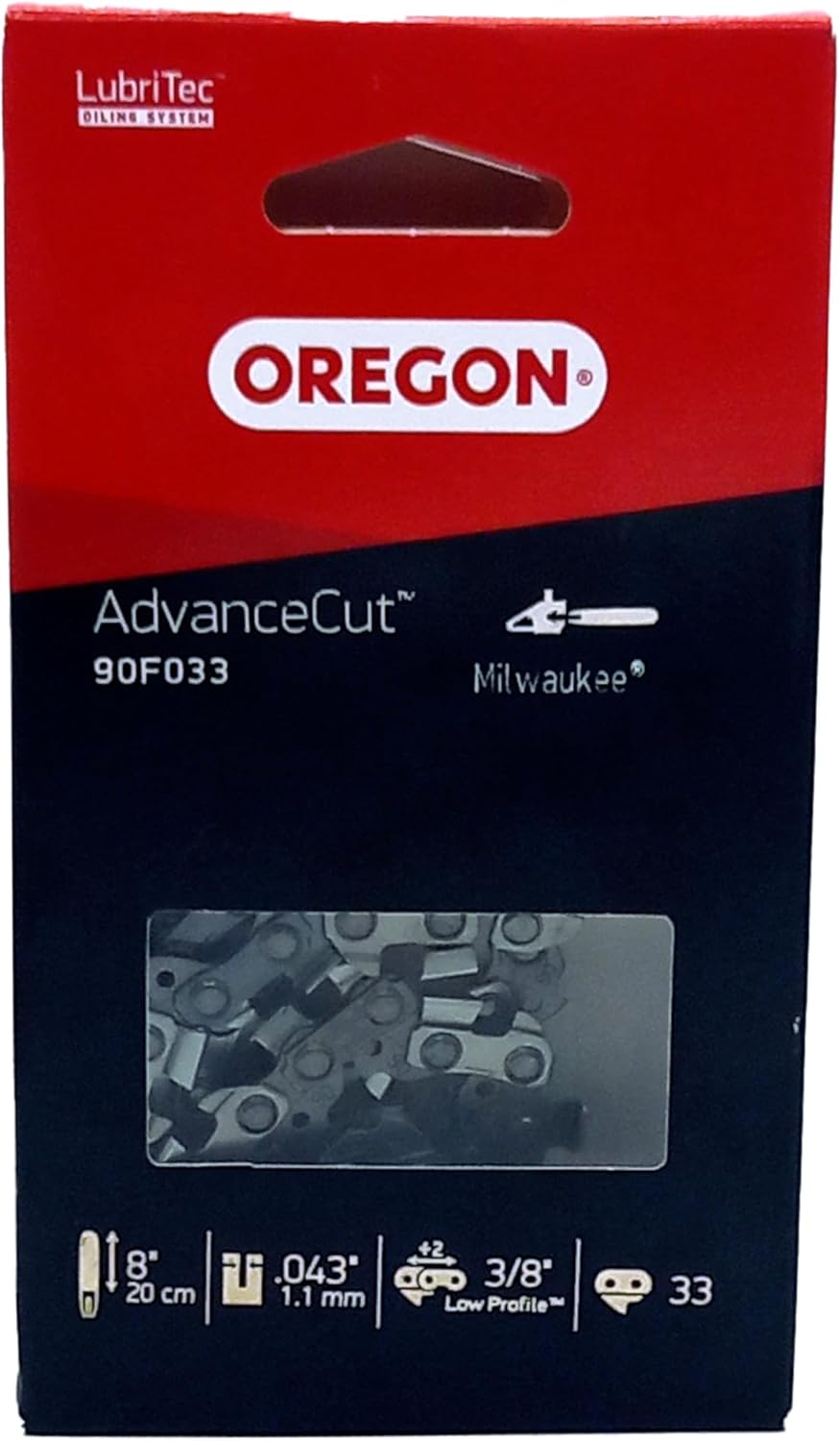 Oregon Saw Chain 3/8 LP Pitch 0.43 Inch (1.1 mm) Thickness, for 8 Inch (20 cm) Guide Rail, 33 Drive Links - Saw Chain for Small Chainsaws and Pruning Saws, for Milwaukee M18 FHS20-0, M18 FHS20