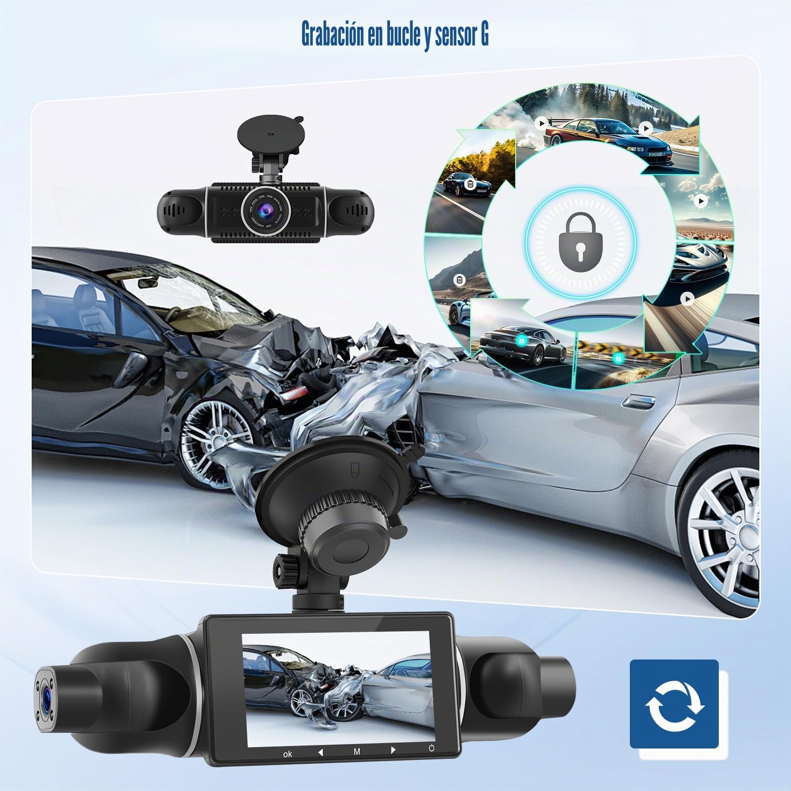 CAMECHO Dashcam Coche Delantera Trasera con 4 Cámaras FHD 1080P Gran Angular, Pantalla IPS de 3 Pulgadas 360° Dash-CAM con WiFi App Visión Nocturna G-Sensor 24H +Reverse Line