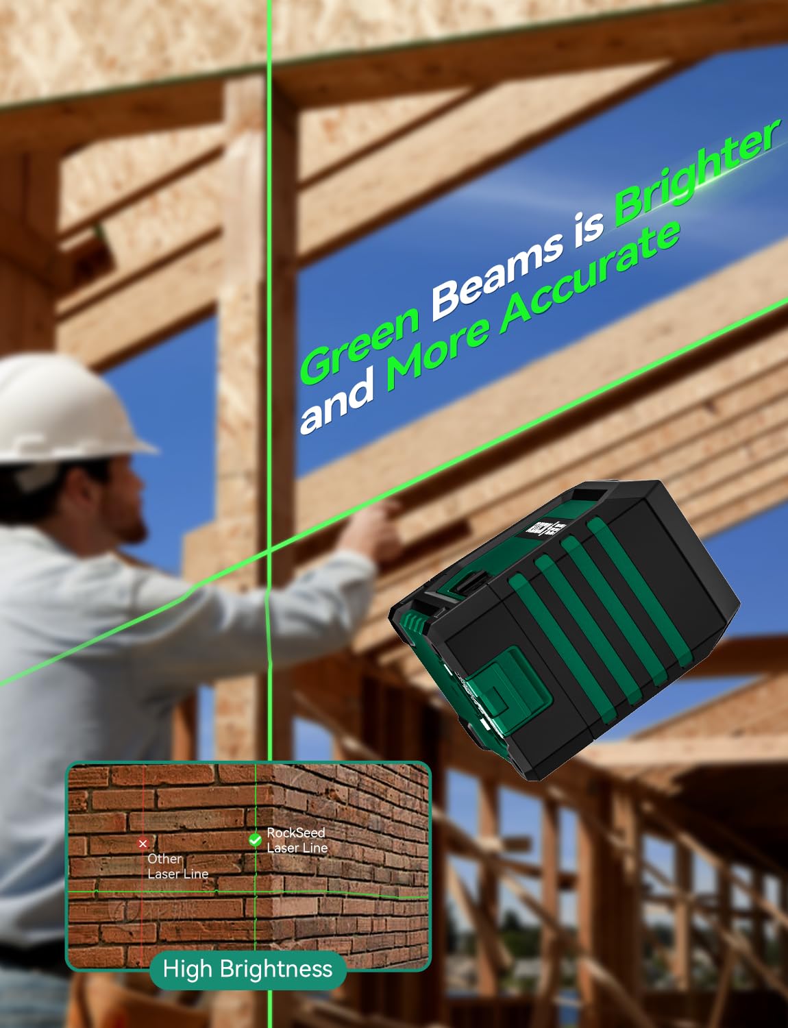 RockSeed Nivel Láser de Módulo Dual, Nivel de Línea Autonivelante,Haz Verde Horizontal y Vertical de 150 °, 2 Baterías AA,Bolsa de Transporte,para Decoración del Hogar/Bricolaje/Sitio de Construcción