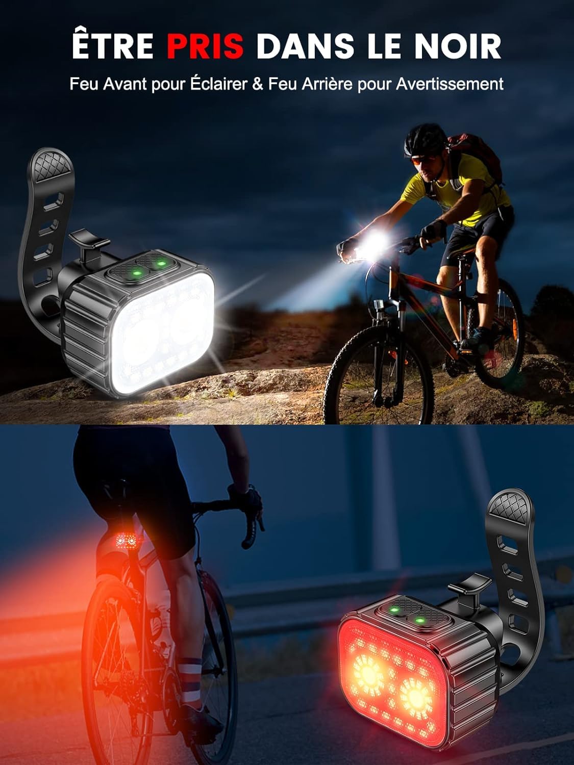 Lampa rowerowa z przodu i z tyłu, 8 + 12 trybów oświetlenia, wodoodporna lampa rowerowa IPX6, USB z możliwością ładowania, oświetlenie rowerowe do rowerów górskich, rowerów górskich, rowerów, długa