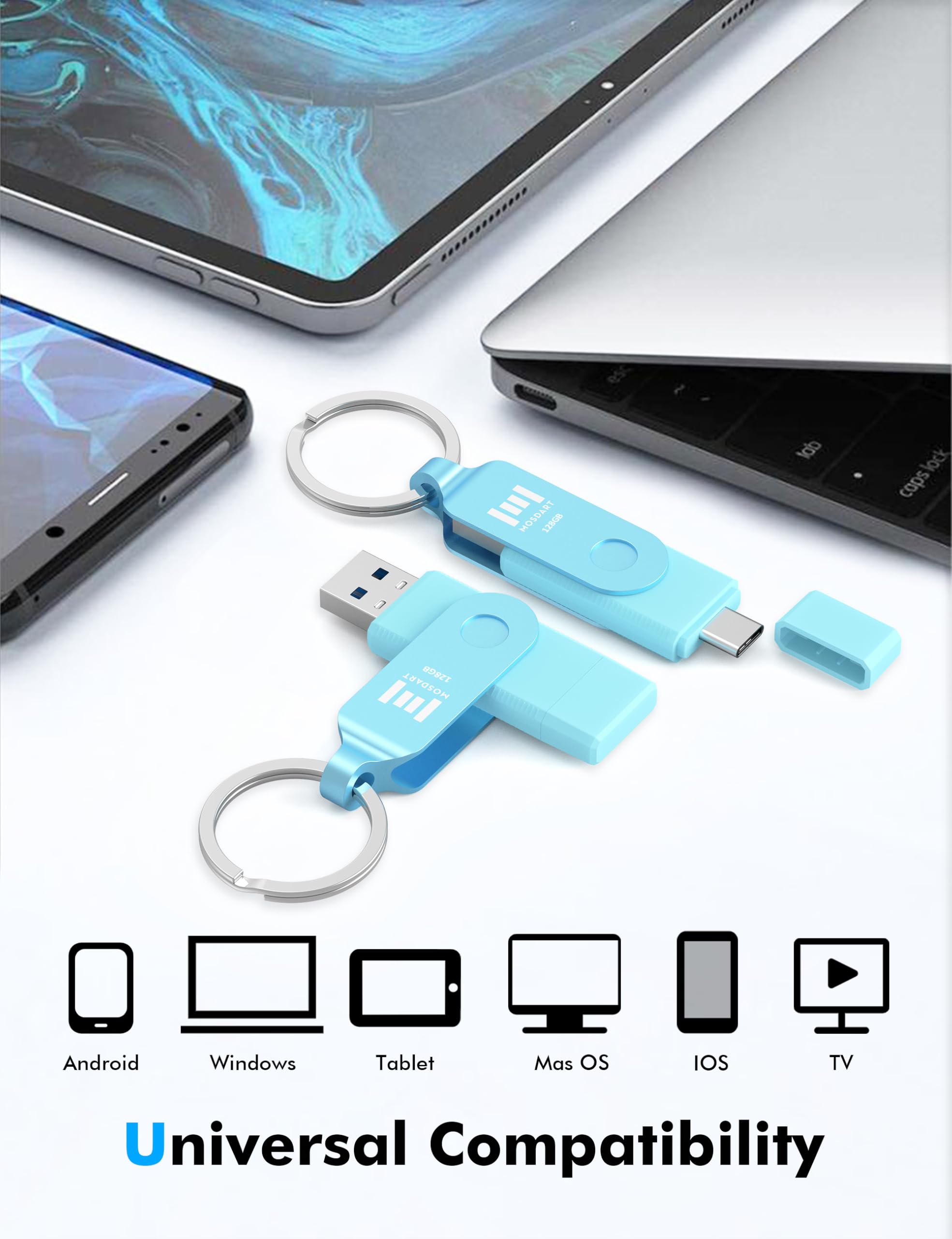 MOSDART Unidad Flash Dual USB C rápida de 128 GB con Llavero, Memoria USB 3.1 Tipo C 2 en 1 para teléfonos Android USB-C, iPhone 15, MacBook, iPad, computadoras y más, Azul