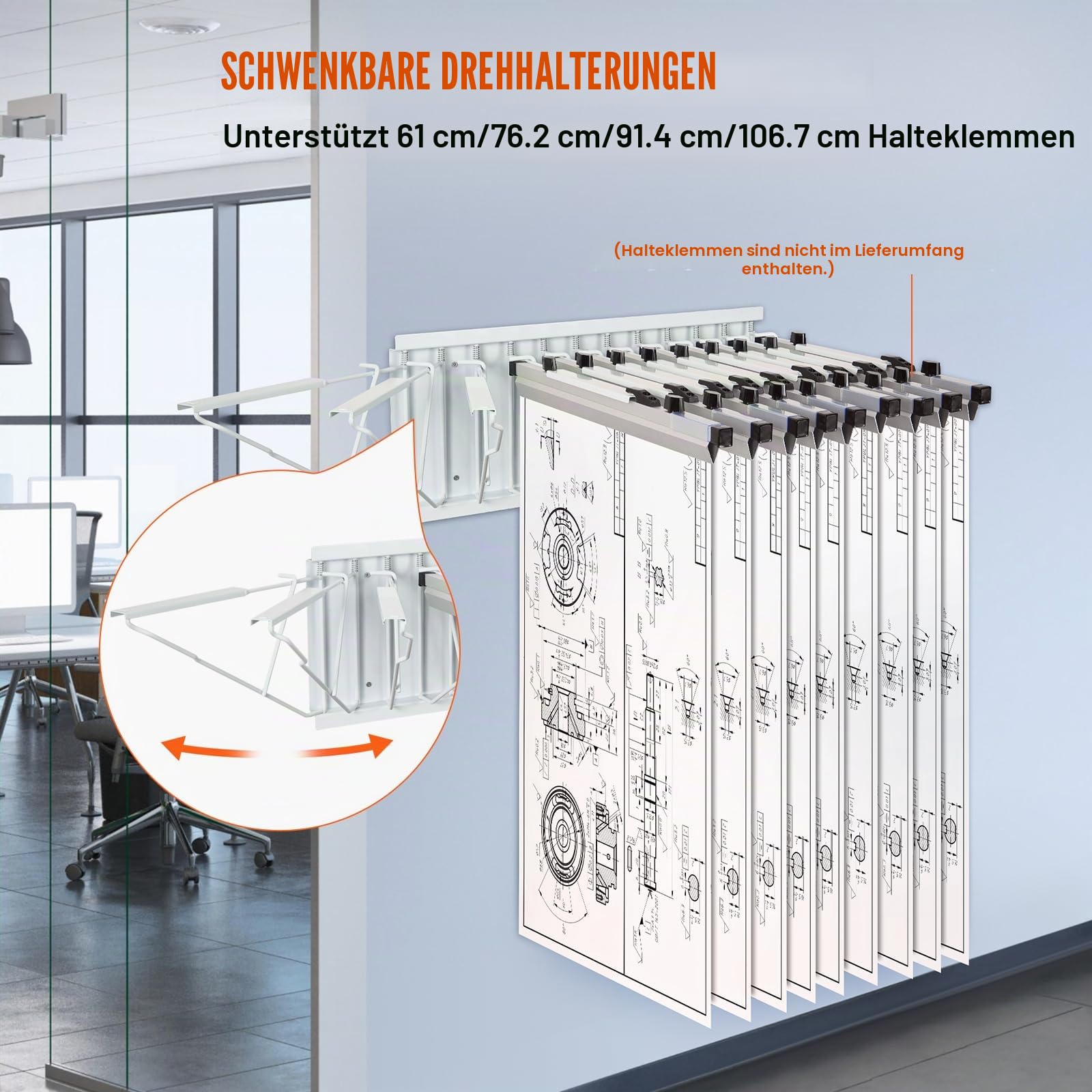 STORAGE_RACK VEVOR Wandmontage-Lagerregal für Blaupausen, bietet Platz für bis zu 1200 Blaupausen, hängender Blaupausenhalter mit 12 Schwenkhalterungen, für 24, 30, 36 oder 42 Zoll Klemmen, 109 kg