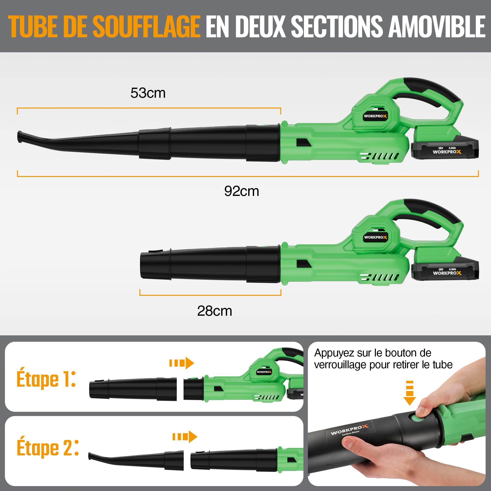 WORKPROX Souffleur de Feuilles sans Fil 20V 4,0 Ah, Souffleur Batterie avec Débit d’Air Puissant 222KM/H et Capacité 290 M³/H, Idéal pour Jardins, Allées, Terrasses | Débit d’Air 222 km/h, Capacité 290 m³/h, Idéal pour Jardins, Allées et Terrasses