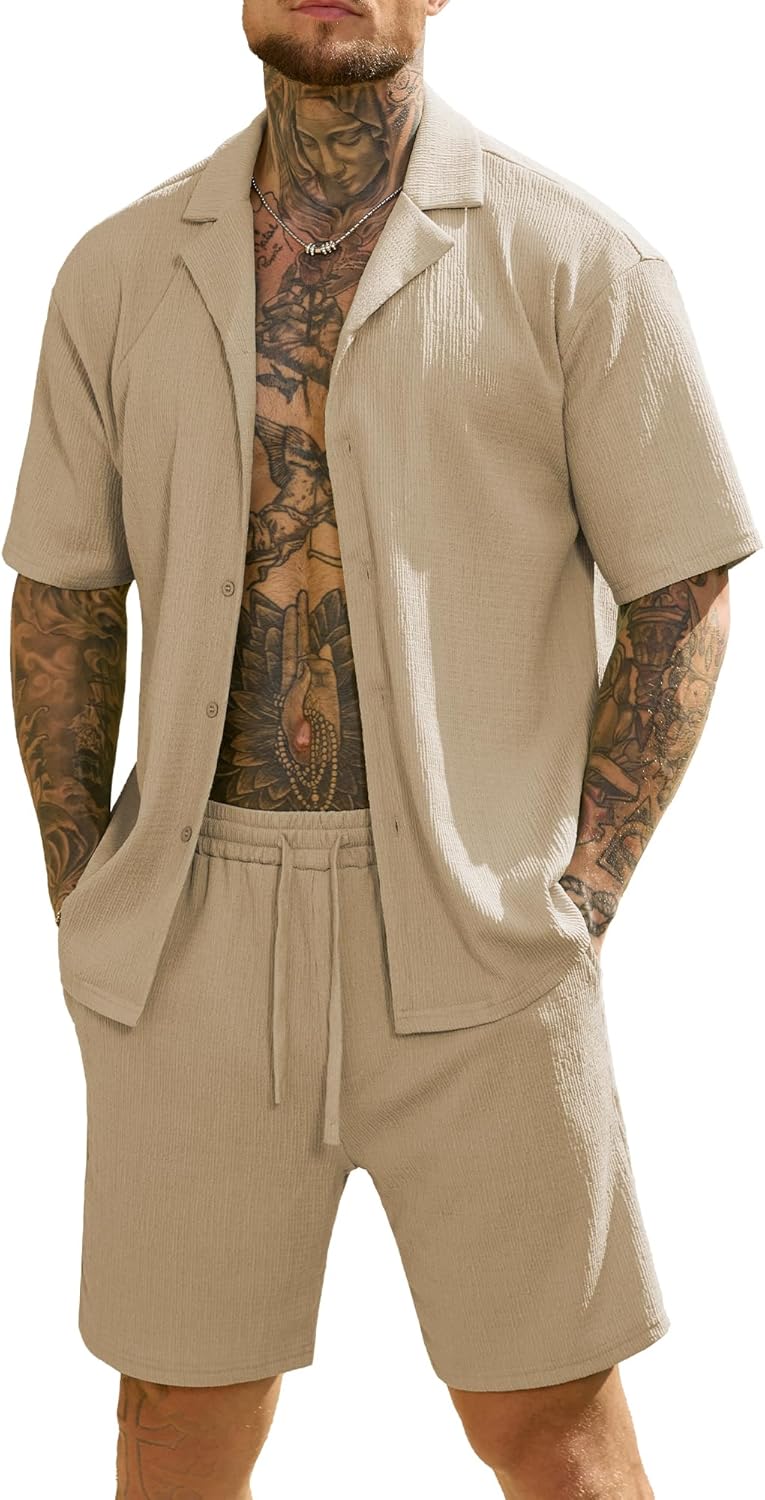 JEMLDL Men's 2 Piece Shorts Set Summer Beach Outfits Short Sleeve Button Down Shirts Vacation Textured Sets
