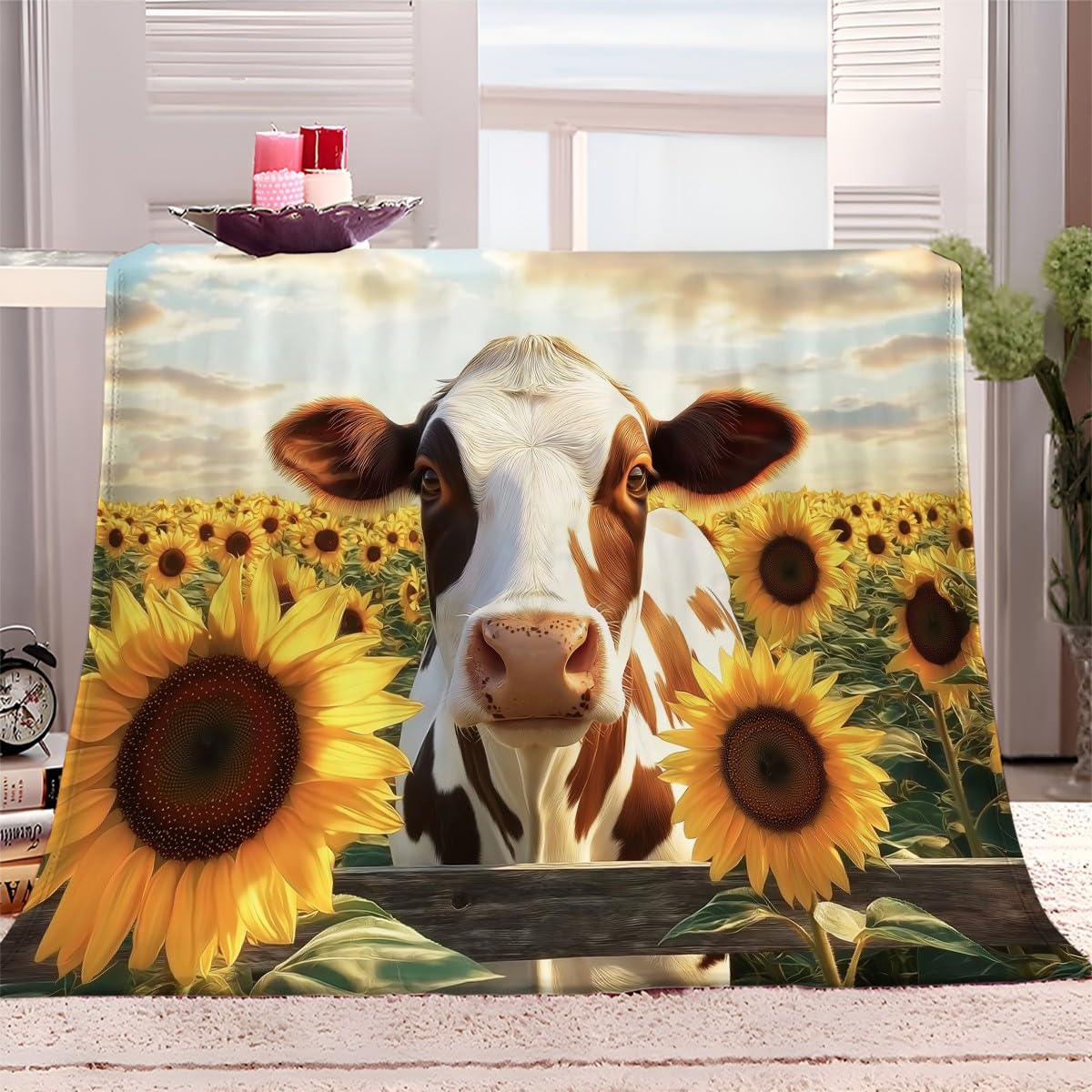 Throw Blanket 180x220 cm Animals Cow Sunflower Super Soft Flannel Fleece Blanket Fluffy Warm Throw Sofa Bed Blanket Bedspread Over Bed Settee