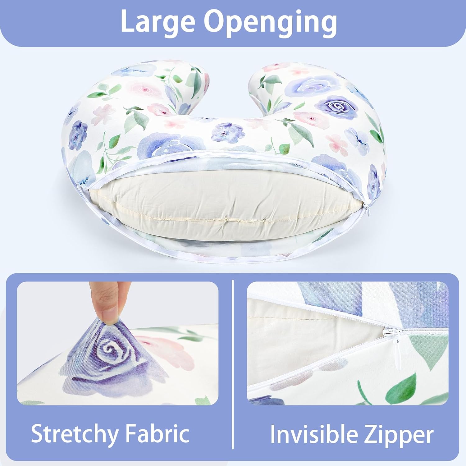 TANOFAR Nursing Pillow Cover, Stretchy Removable Breastfeeding Pillow Cover, Ultra Soft Snug Fits On Newborn Feeding Pillow Case for Baby Girls/Boys, Purple Flower
