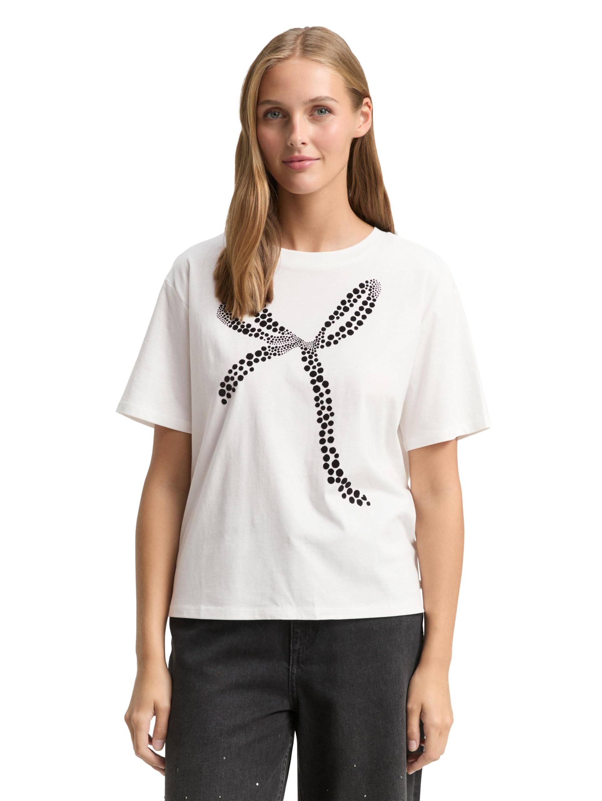 TOM TAILOR Denim Damen 1048981 Boxy Fit T-Shirt mit Schleifen-Print