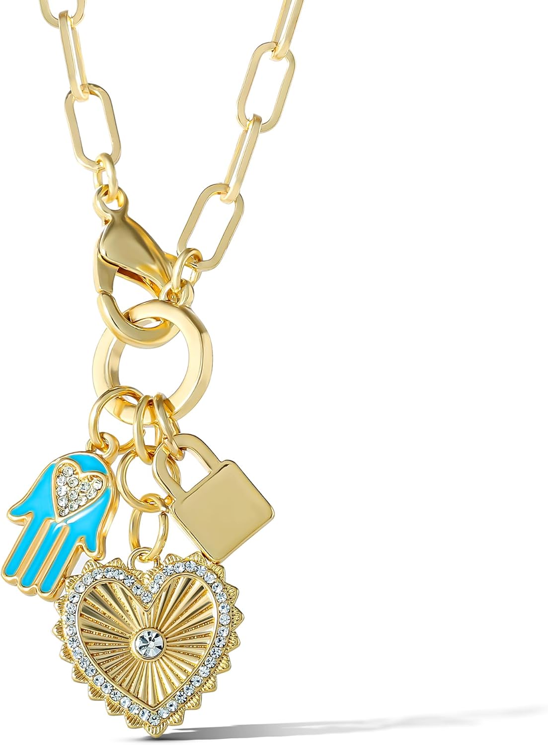 Jessica Simpson Womens Triple Charm Necklace 17" - Gold-Tone Necklace with Lock Charm and Heart Charms