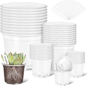 VOKOY 40 Pack 5/4/3/2.75 Inch Clear Nursery Pots with 40 Plant Labels, Clear Plant Pots with Drainage Hole Plastic Transparent Variety Pack Garden Flower Seedling Pot Small Planter Containers