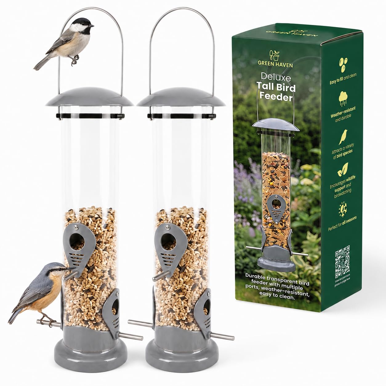 Green Haven 2 Pack Tall Bird Feeder 38.5cm, Clear Tube, Multi-Port, Hanging