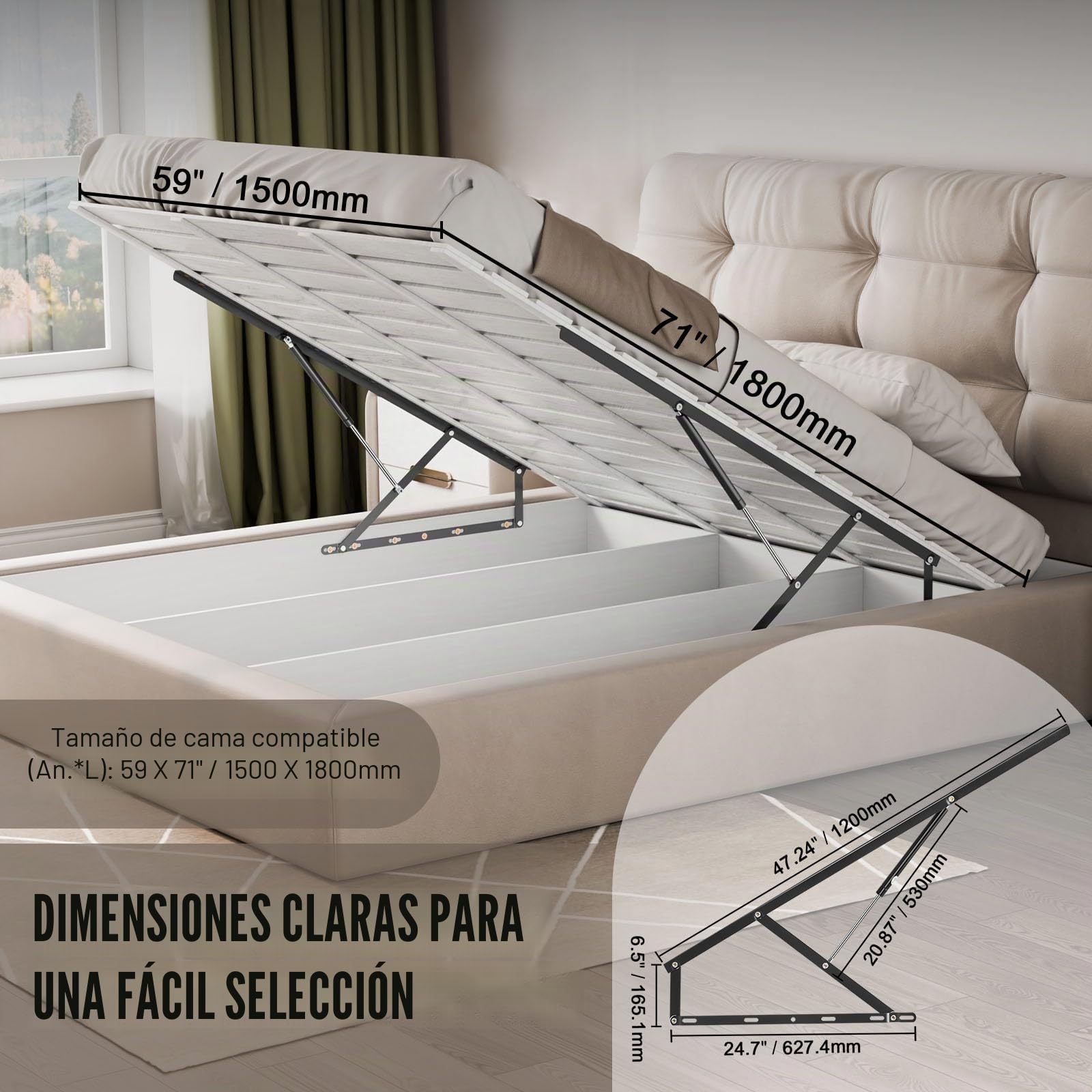 VEVOR Elevador de Cama Compatible de 150 x 180 cm Capacidad de 70 kg Kit de Hardware Mecánico de Cama Palanca Neumática Vertical de Lujo Soporte de Cama Resistente para Habitación de Invitados