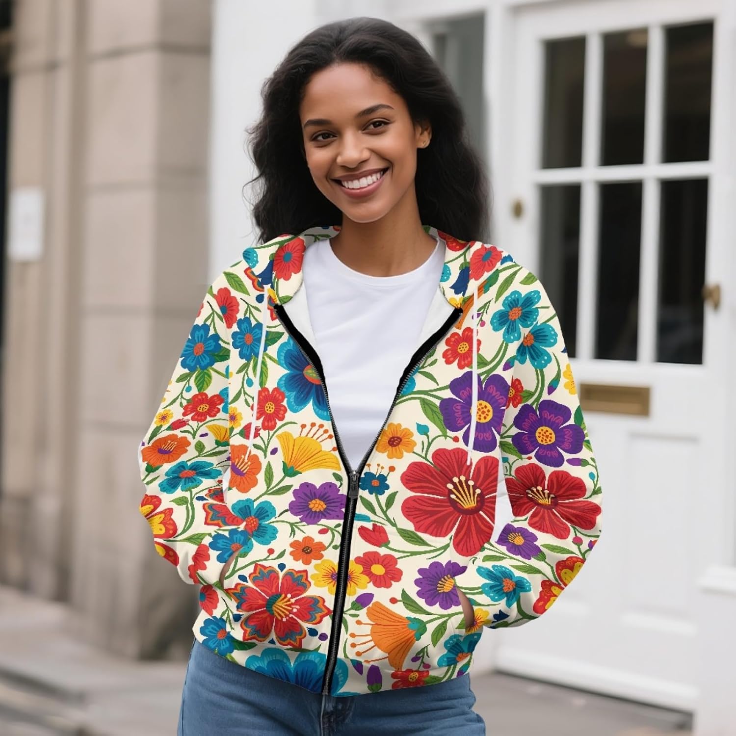 Floral Hoodies for Women Daily Graphic Print Hooded Sweatshirts with Pocket Loose Fit Zip Up Hoodie - Image 4