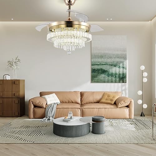 Miniatura 7 de Finktonglan Ventilador de techo de araña de cristal de 42 pulgadas con luz y control remoto, ventilador de techo retráctil invisible con luces,