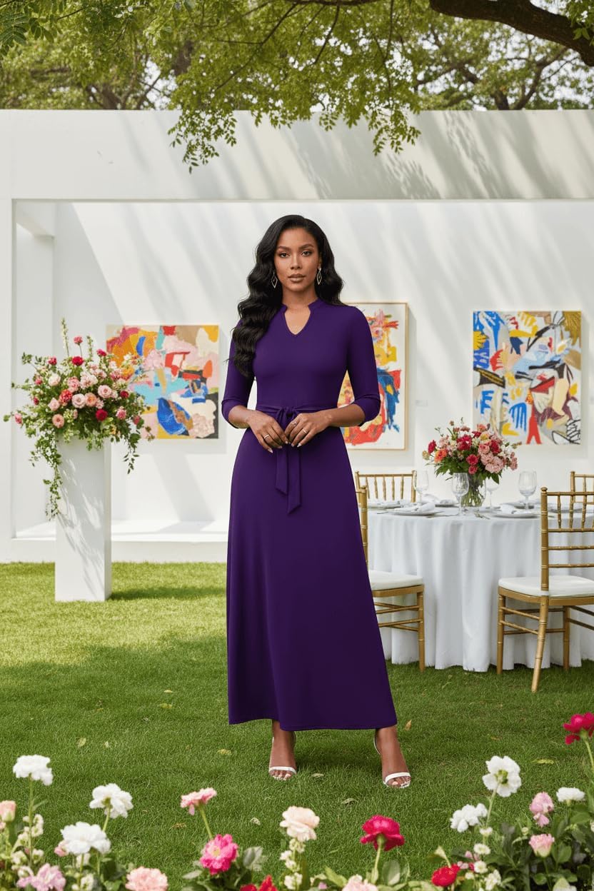 FANDEE Maxi Dress for Women, Casual V Neck 3/4 Sleeve Long Dresses with Pockets - Image 3