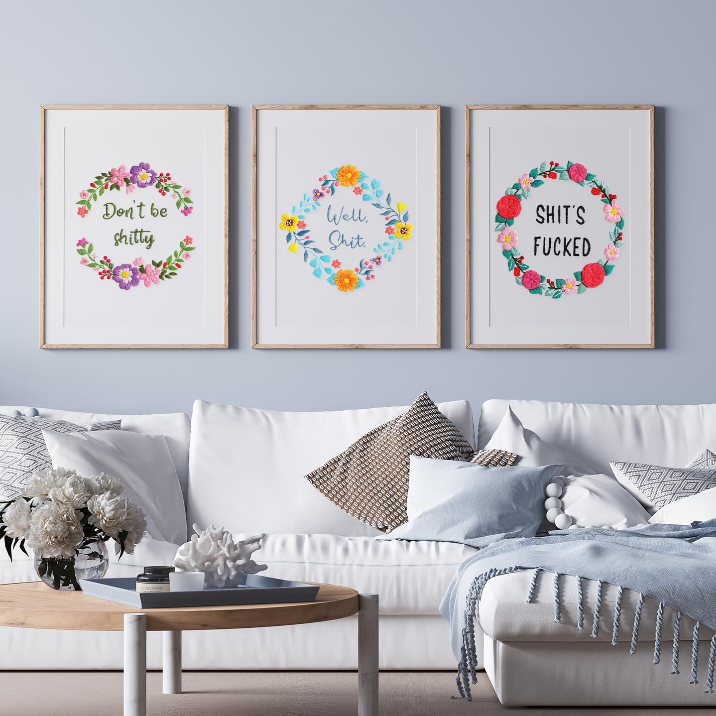 Louise Maelys 3 juegos divertidos de bordado para principiantes, kit de punto de cruz para adultos, punto de aguja con patrón de corona de flores, incluye instrucciones e hilos