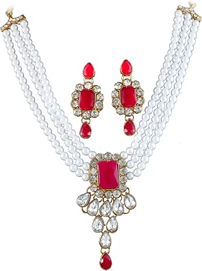 JewarHaat Set Pearl Polki Ad Cz Gold Plated Color Stones Y-Necklace With Earrings Traditional Indian Bridal Modern & Latest Wedding Jewelry For Women