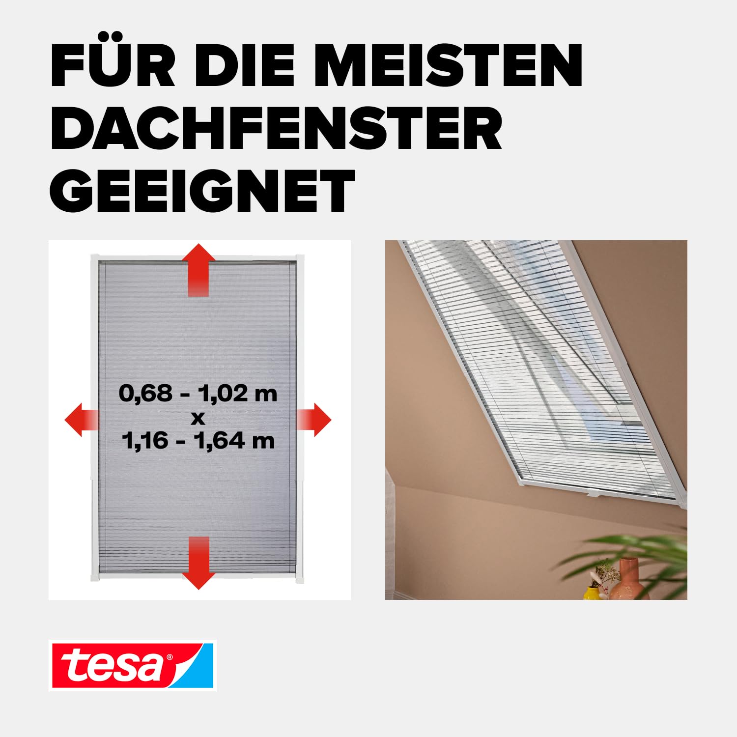 tesa Insect Stop Fliegengitter für Dachfenster Premium 116 cm x 164 cm Weiß | Alu-Insektenschutz-Plissee teleskopierbar - Montage ohne Bohren mit tesa Powerstrip - Insektenschutzrollo für Dachfenster