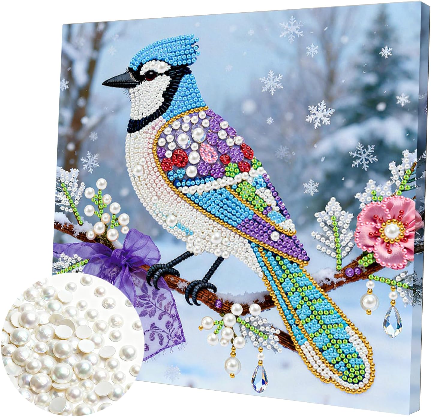 DIY Pearl Painting Kit with Wooden Frame, 3D Plastic Pearl Gemstone Ocean Art Craft for Adults Beginners, Diamond Dot Painting, Home Wall Decor Ready Gift for Women(Purple Bird)(25 * 25cm)