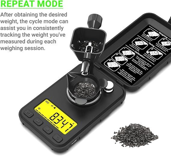 MAXUS Reloading Scale 50g/0.001g with Powder Trickler, Powder Scale with 3 Backlight Colors, Milligram Scale with Repeat Mode