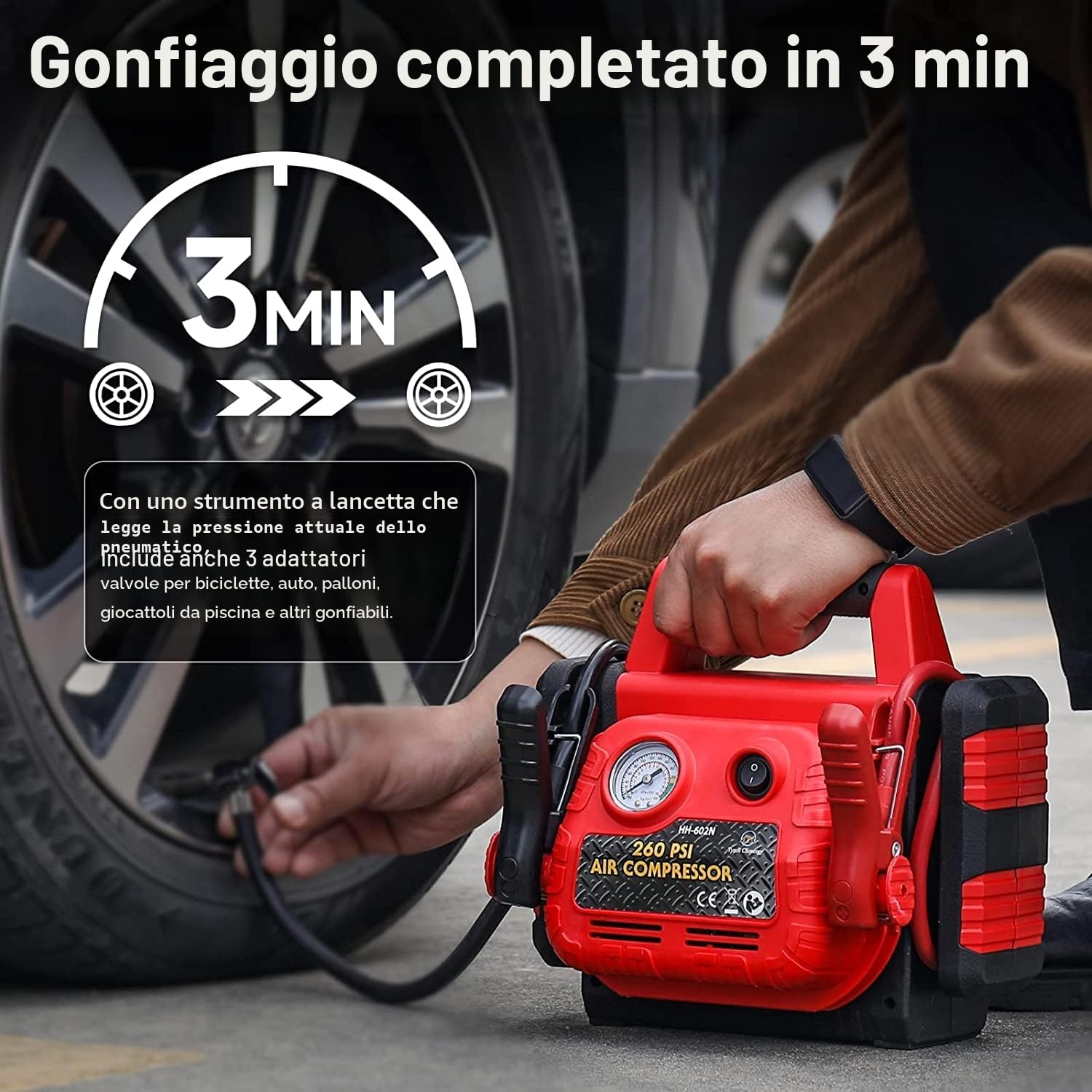 Avviatore di emergenza per auto con compressore d'aria, 900 A 12 V, batteria al piombo, caricabatterie bancario presa USB e presa CC, 150 PSI gonfiatore pneumatici 3 adattatori