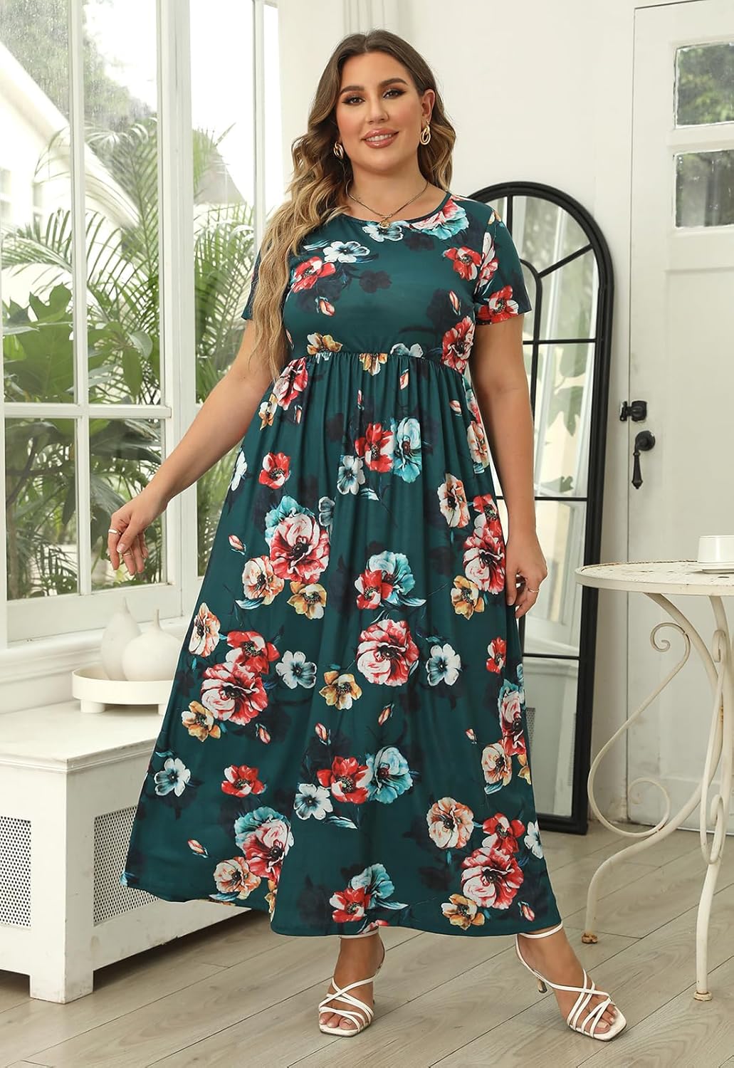 Nemidor Plus Size Maxi Dresses for Curvy Women Summer Casual Loose Short Sleeve Long Beach Dress with Pocket - Image 4