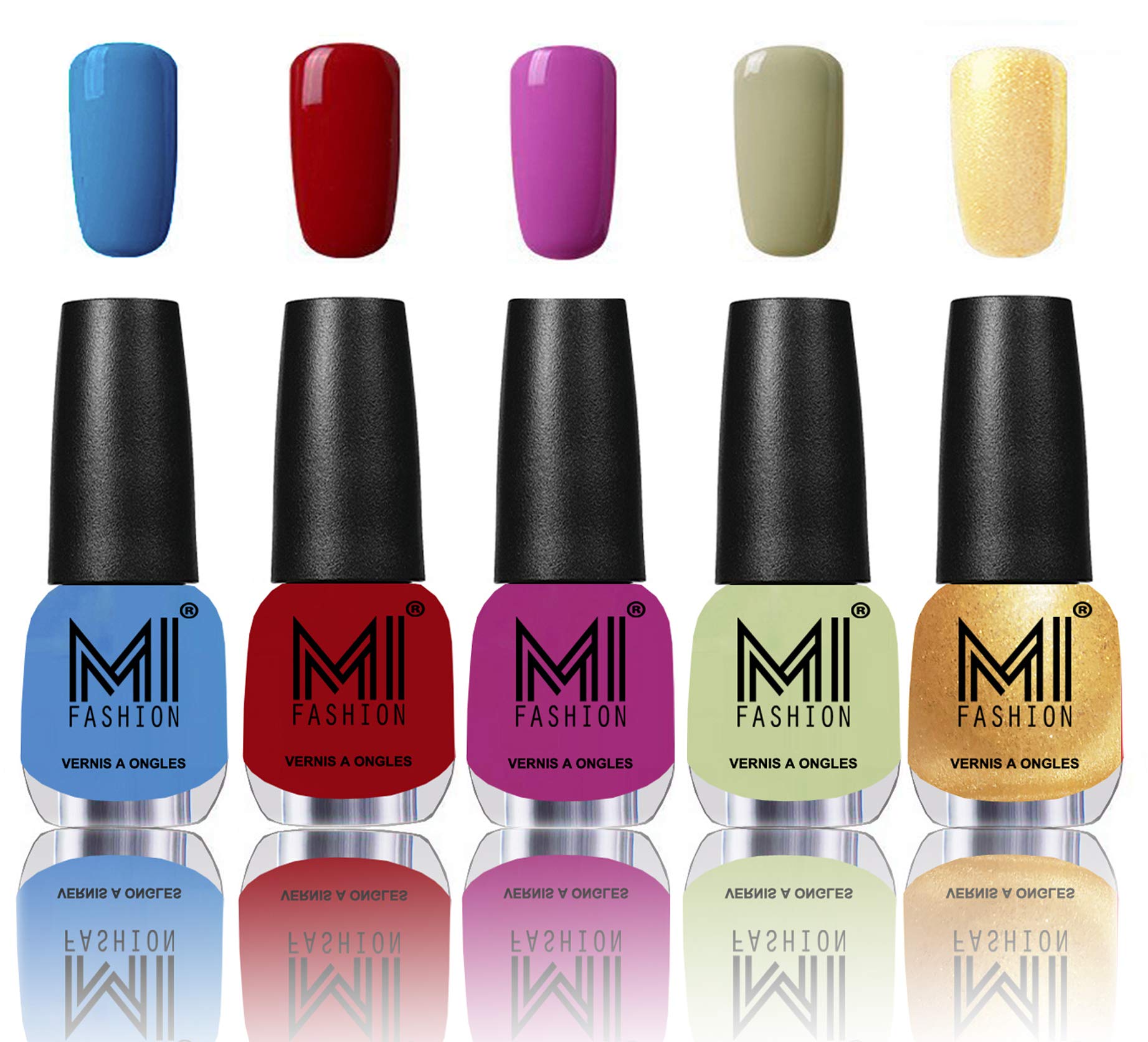 MI Fashion® Premium Shades Nail Paint Combo - Ocean Blue,Daring Red,Bright Plum,Mischievous Mint and Glazing Golden-image-35