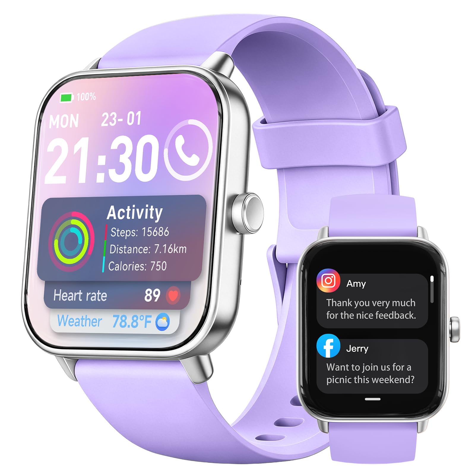Trunsif Smartwatch Herren Damen mit Telefonfunktion 1.8" HD 110+ Sportmodi Fitnessuhr Sportuhr mit Puls-Schlaf-Monitor Schrittzähler IP68 Wasserdicht Uhr für Android iOS (Lila)