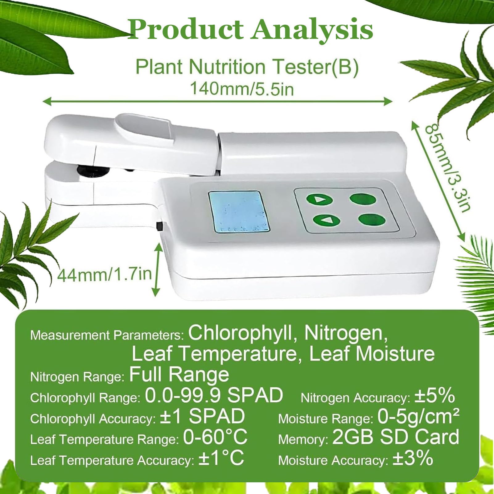 Medidor portátil de clorofila con SPAD y análisis de nitrógeno: comprobador portátil de clorofila, nitrógeno, Temperatura y Humedad, 2000 mAh, para Agricultores y científicos. B