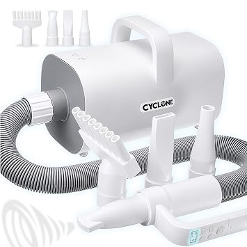 CYCLONE v4 Professional HIGH POWER Velocity Force Dog Hair Blow Dryer for Pet Grooming | Quiet Motor with Adjustable Heat and Speed | 4 Drying Attachments Included