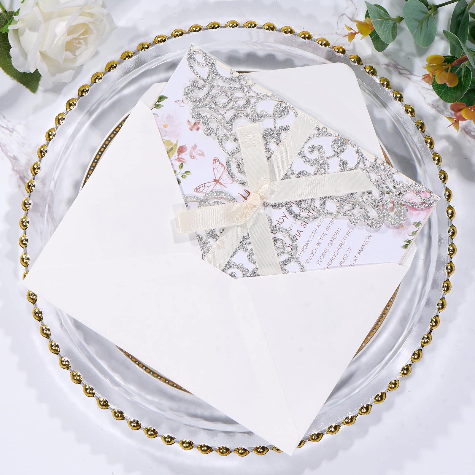 Hochzeitseinladungen mit Umschlägen und RSVP-Karten, Bändern, lasergeschnitten, blanko, Innenblatt, Perlpapier, Tarjetas de Invitación Para Boda XV Anos Quinceañera, Hochzeitseinladung, 50 Stück